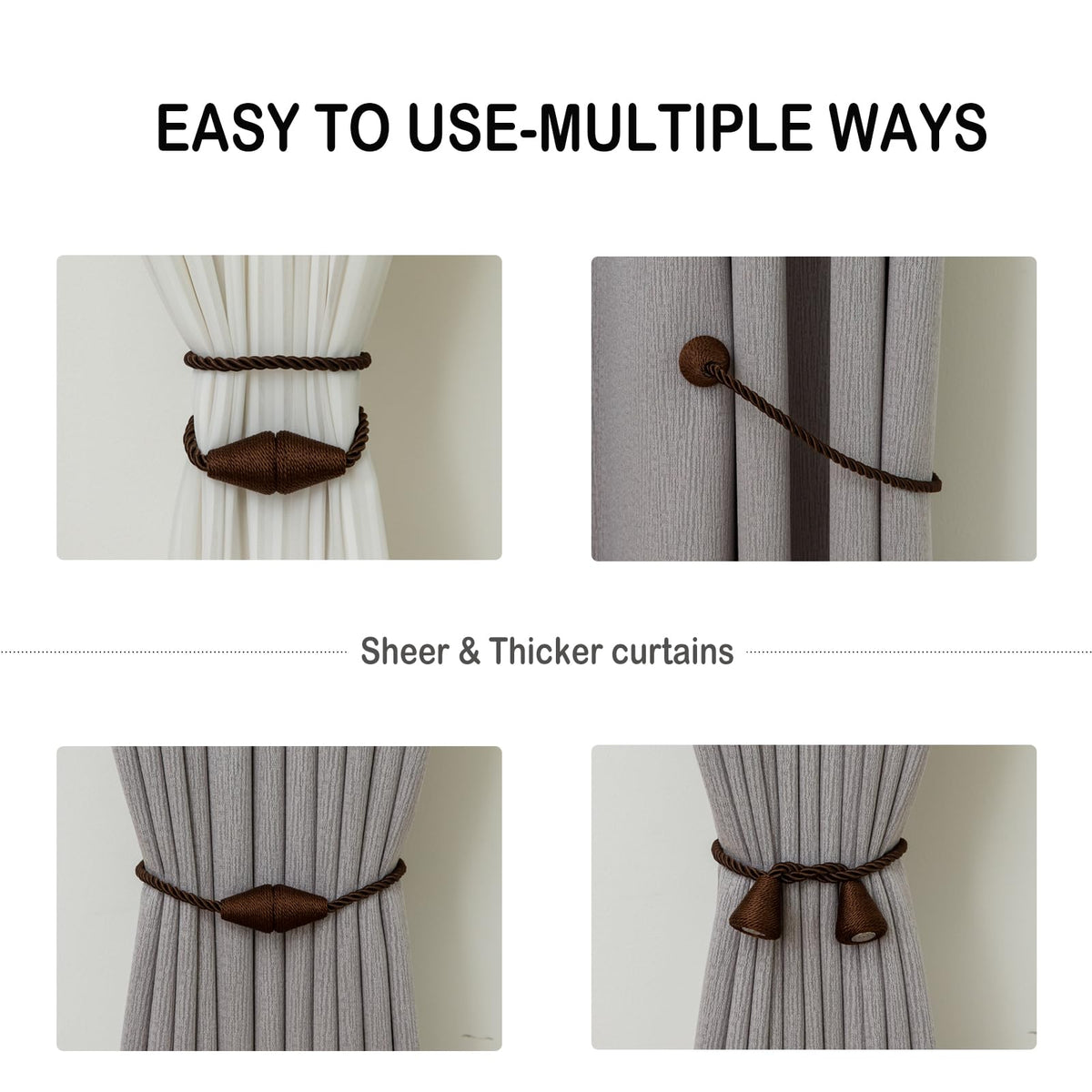 Magnetic Curtain Tiebacks 8 Pack Outdoor Rope Curtain Tie Backs Decorative Window Treatment Holdbacks for Home Decorative Curtain (8 Count)