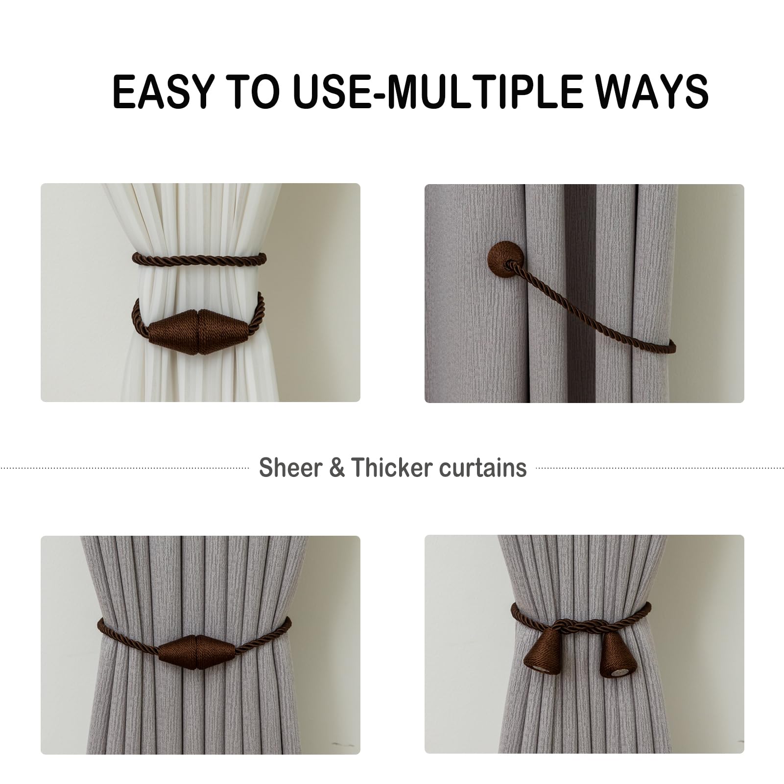 Magnetic Curtain Tiebacks 6 Pack Outdoor Rope Curtain Tie Backs Decorative Window Treatment Holdbacks for Home Decorative Curtain (6 Count)