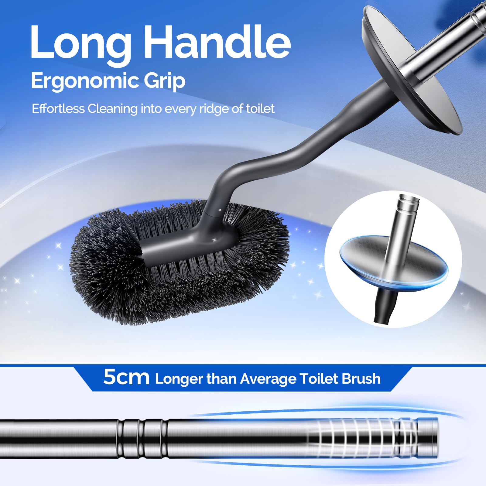 Toilet Brush and Holder Set Under Rim Deep Cleaning Curved Bristle