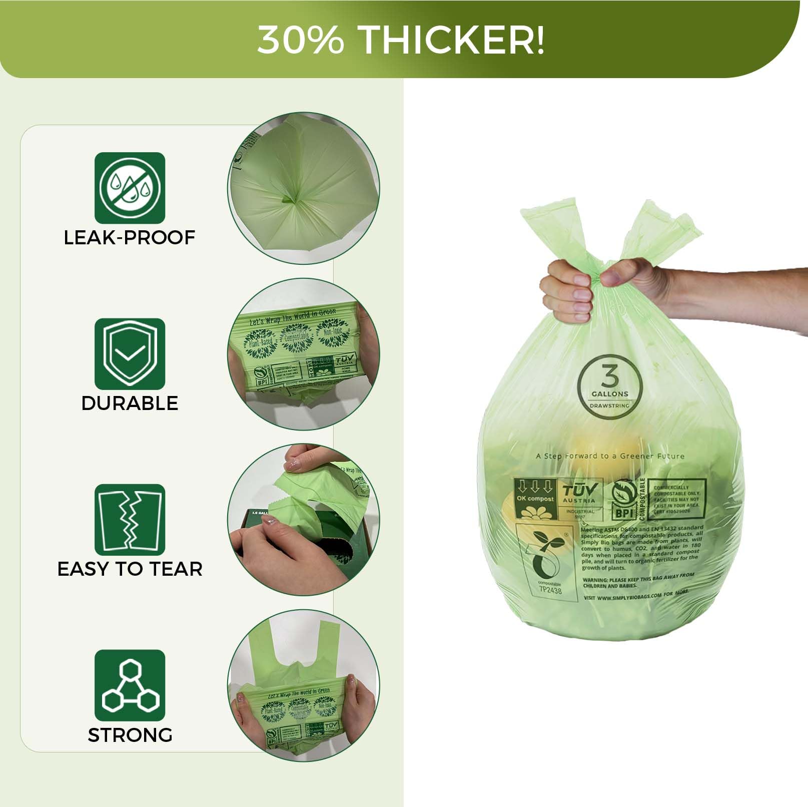 3 Gallon Compostable Trash Bags with Handle (80 Count)