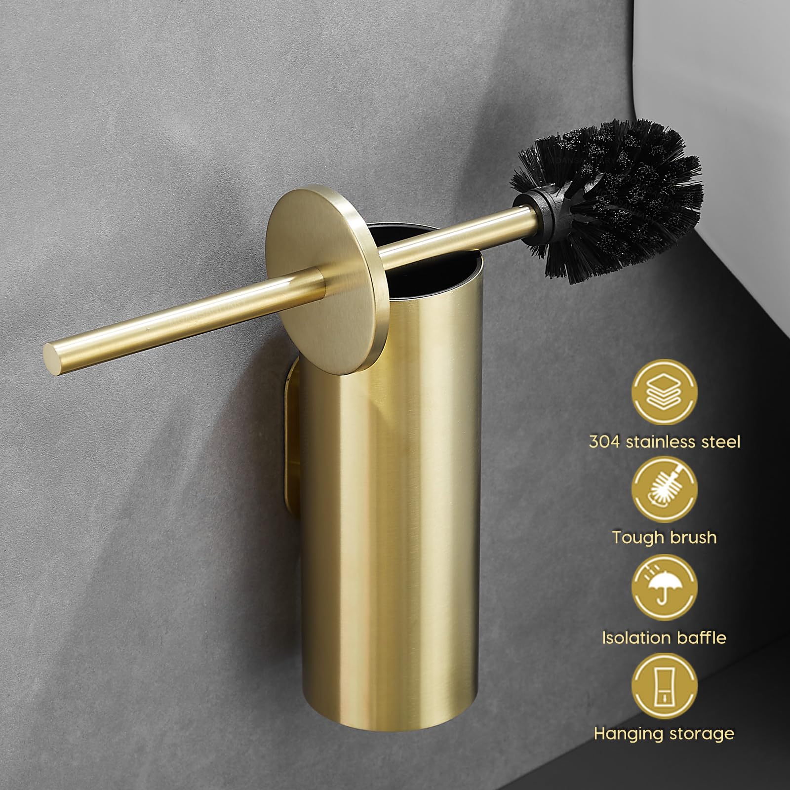 Brushed Gold Stainless Steel Wall Mounted Toilet Brush and Cover