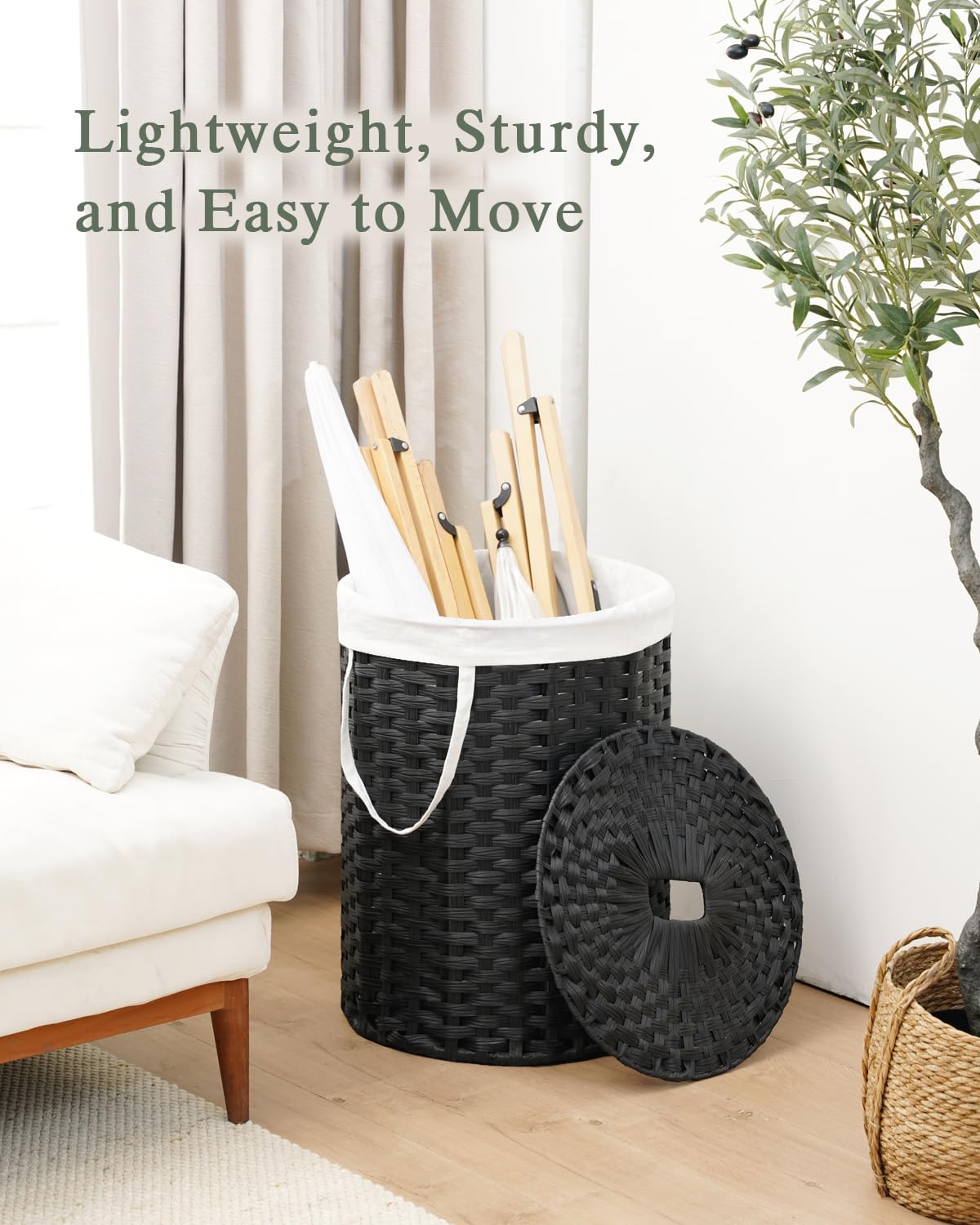Laundry Hamper with Lid 23.8 Gal Handwoven Laundry Basket Black