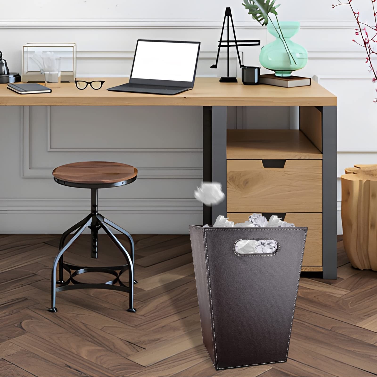 Leather Trash Can Bathroom Wastebasket