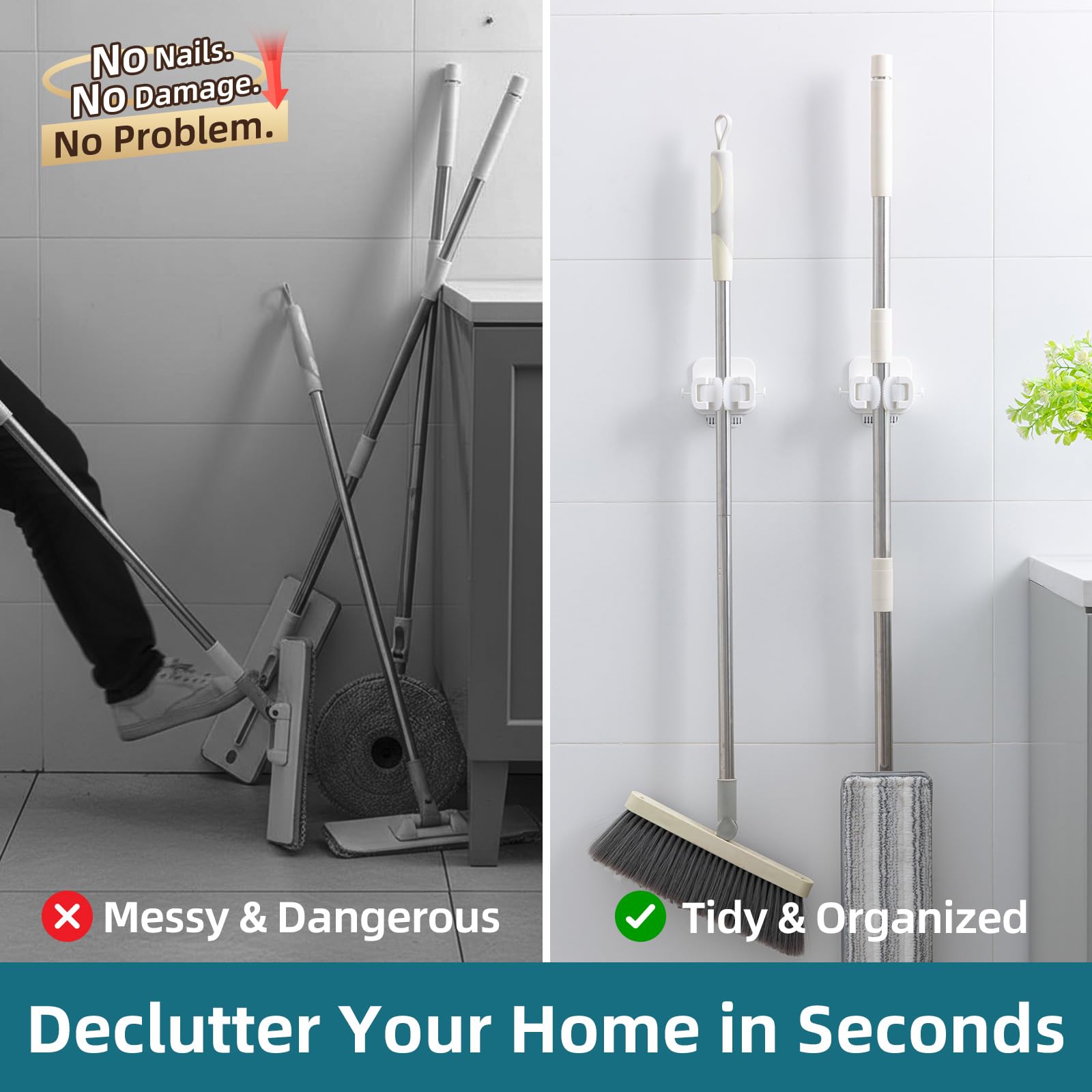 Mop and Broom Holder Wall Mount Grippers (2 Count)