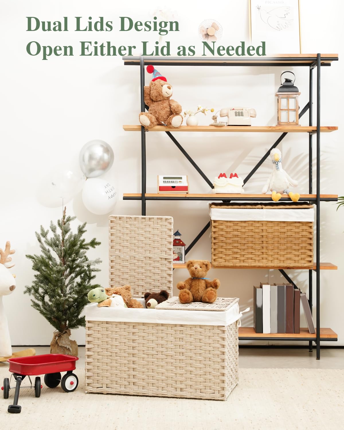 Storage Basket with Lid 105L PE Rattan Storage Bin Light Khaki