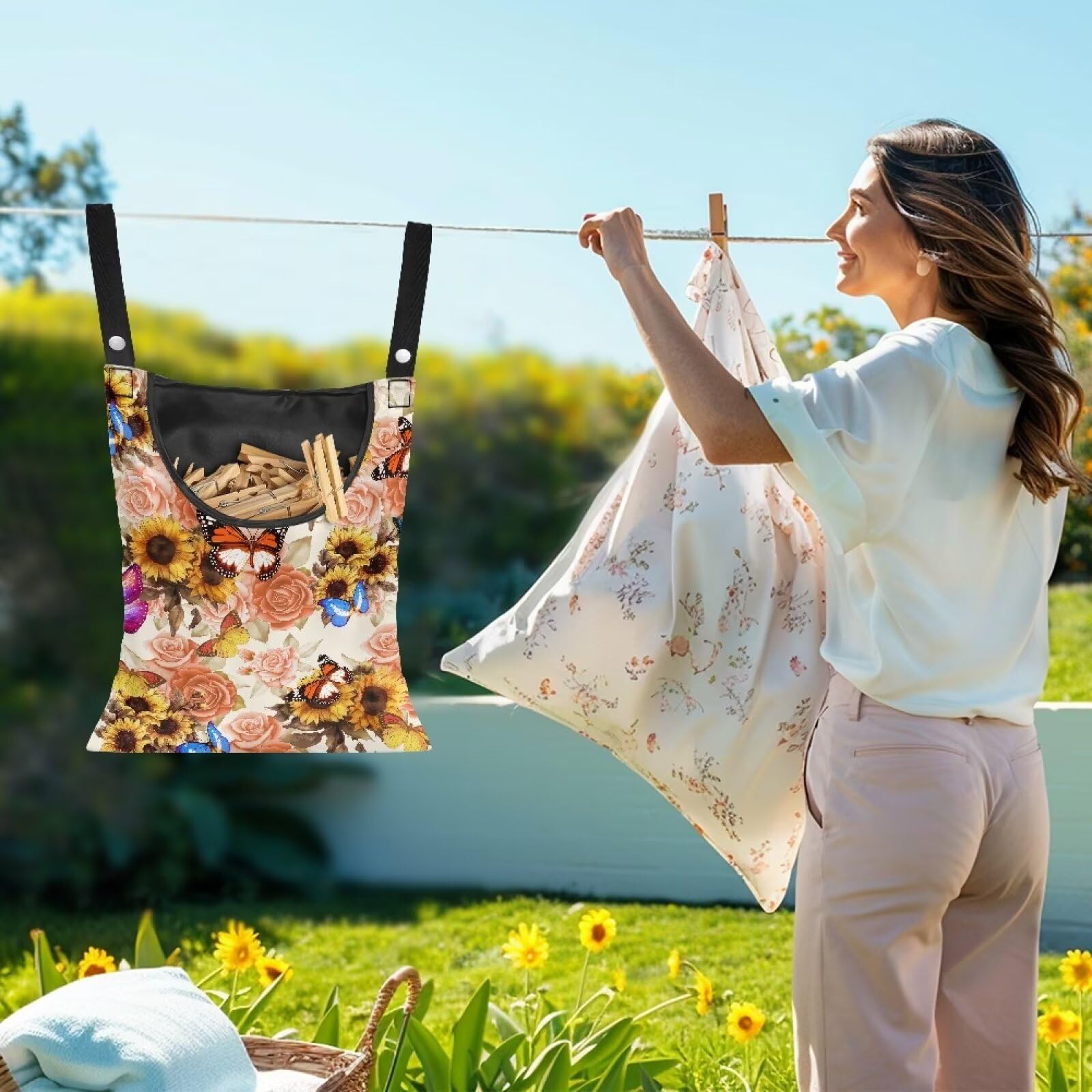 Butterfly Clothespin Bag with Hanging Sunflowers Rose Hook Waterproof Clothes Pin Hanging Bag Space