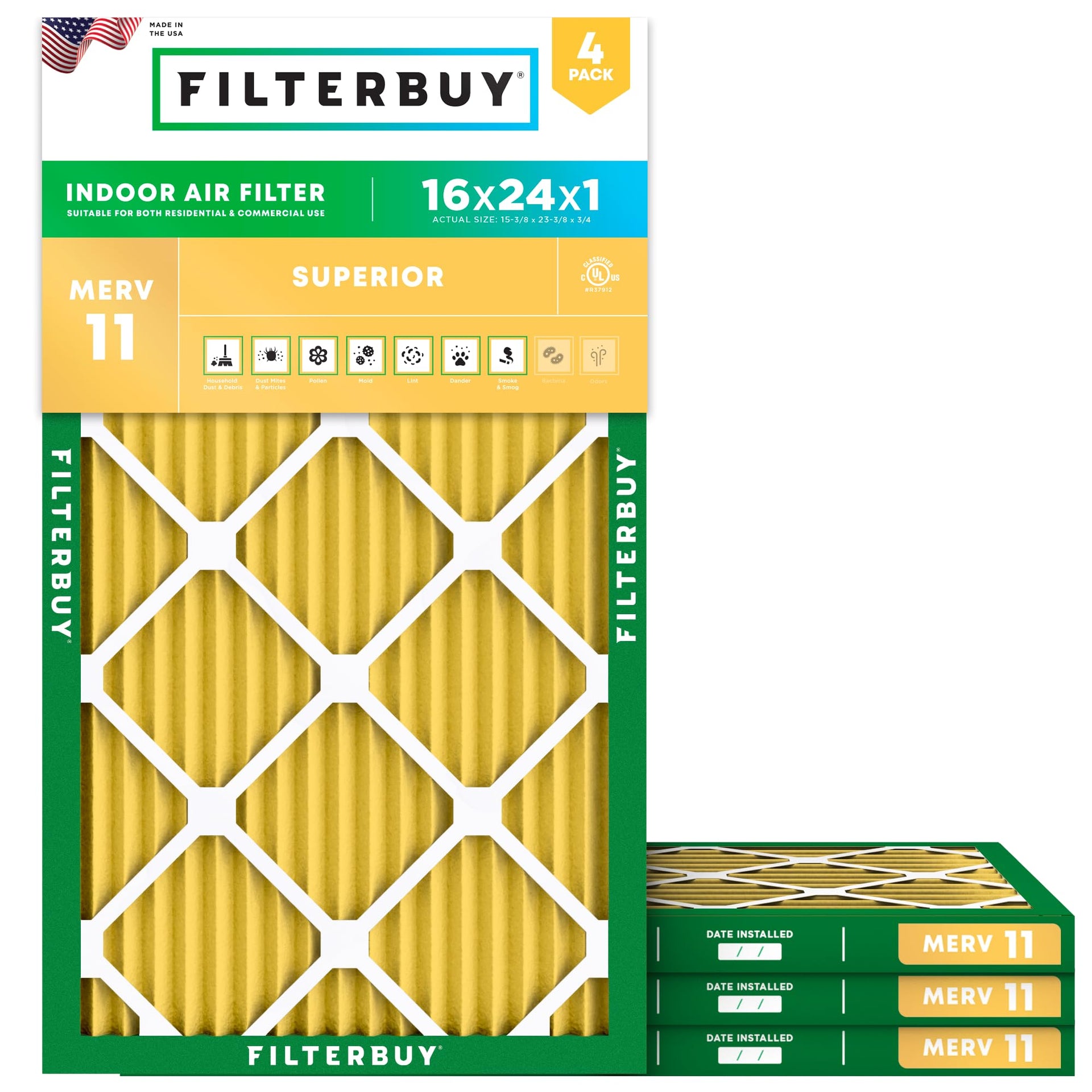 16x24x1 Air Filter MERV 11 Pet & Allergy Defense (4 Count)