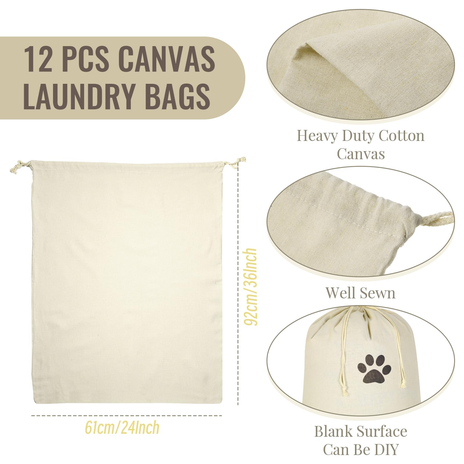 12 Pcs 24" x 36" Canvas Laundry Bags Bulk Large Cotton Laundry with Drawstring Heavy Duty Hamper Liner Washable Dirty Clothes Santa Bag for Travel Household (12 Count)