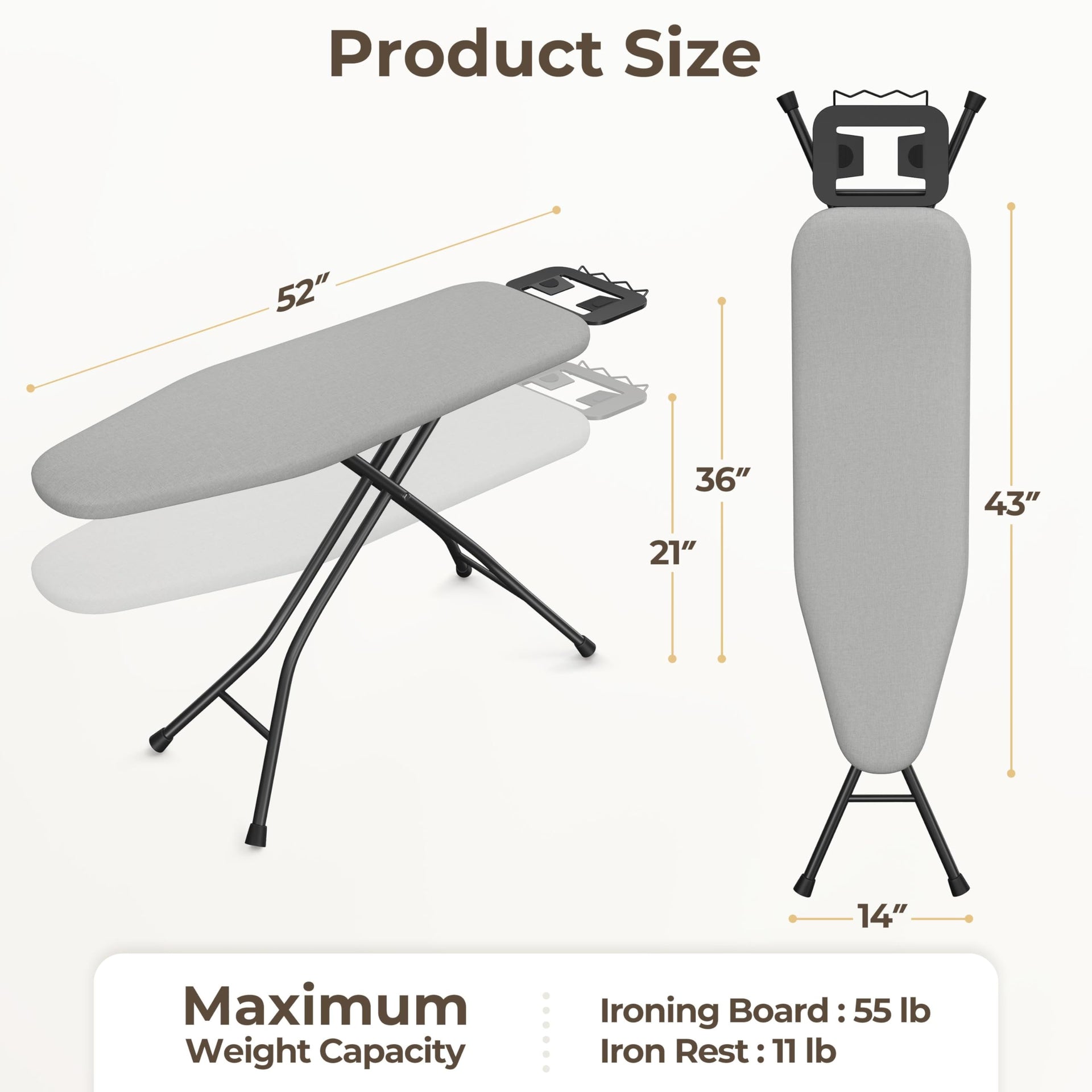 Ironing Board 43"x14" with Heavy Duty Iron Rest