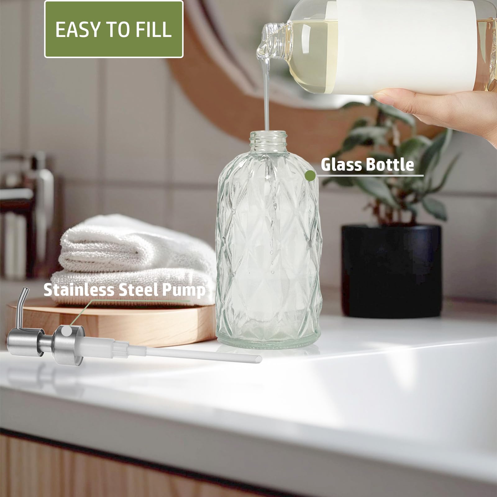 12Oz Clear Glass Soap Dispenser with Stainless Steel Pump