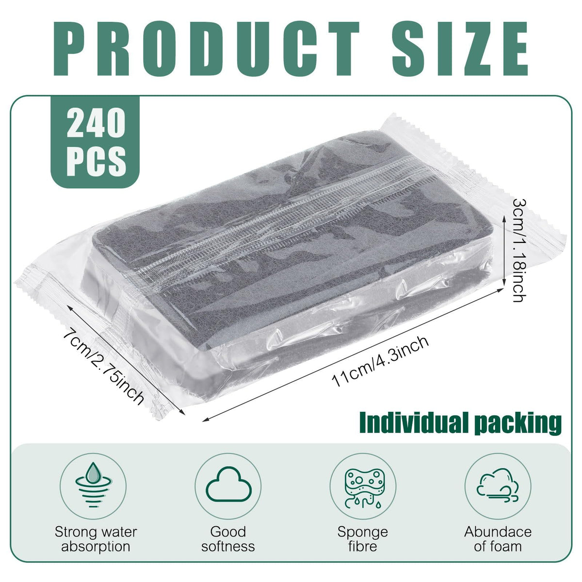 240 Pcs Individually Wrapped Sponge Dishwashing Sponge Bulk Non Scratch Scrub Sponges Kitchen Scouring Pad for Household Cleaning Rental Dishes Hotel Apartment Car