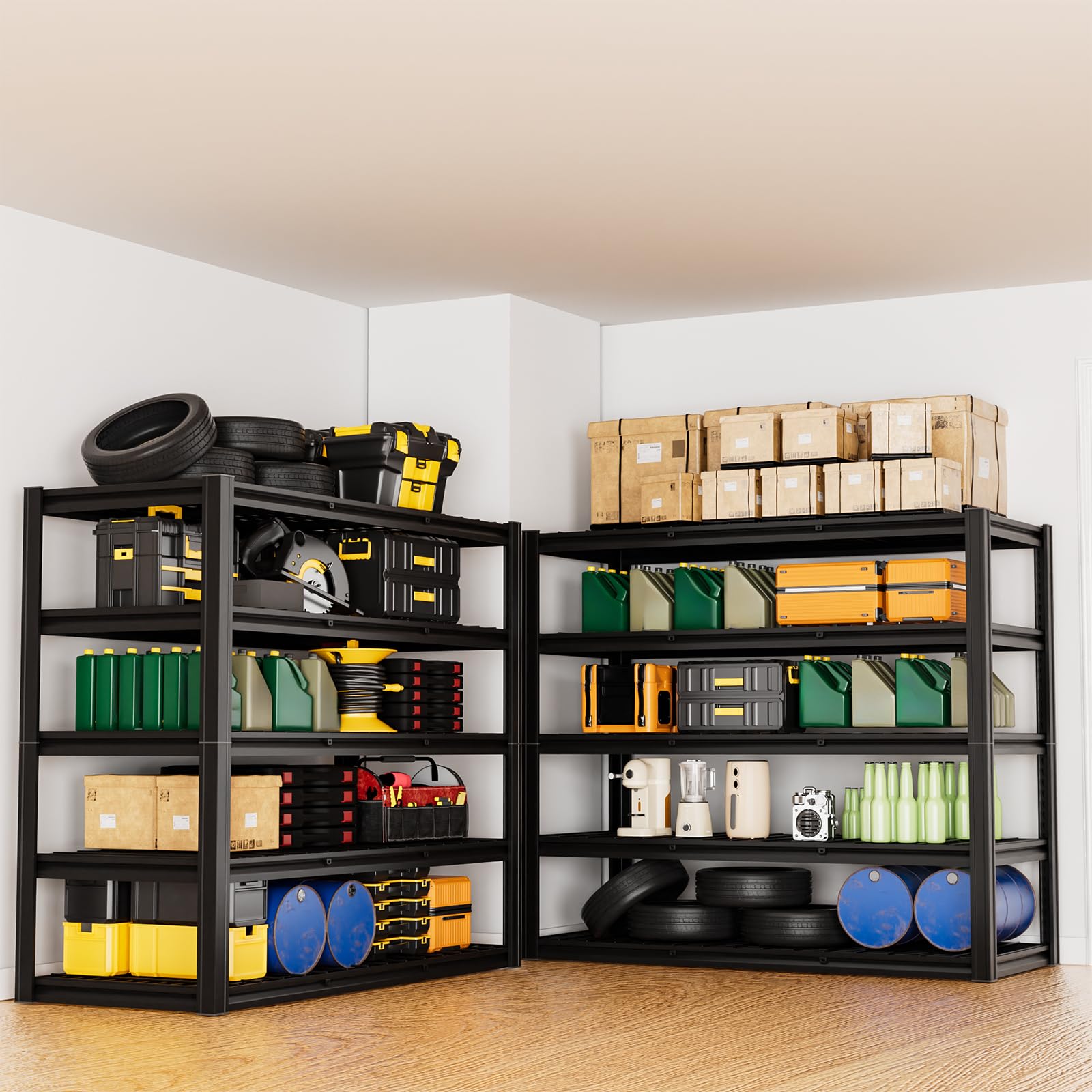 5 Tier 60”W x 24”D x 78”H Garage Shelving Adjustable Metal Storage Shelves 3000LBS Garage Shelving Heavy Duty Utility Shelf Unit Storage Racks for Warehouse (5 Count)