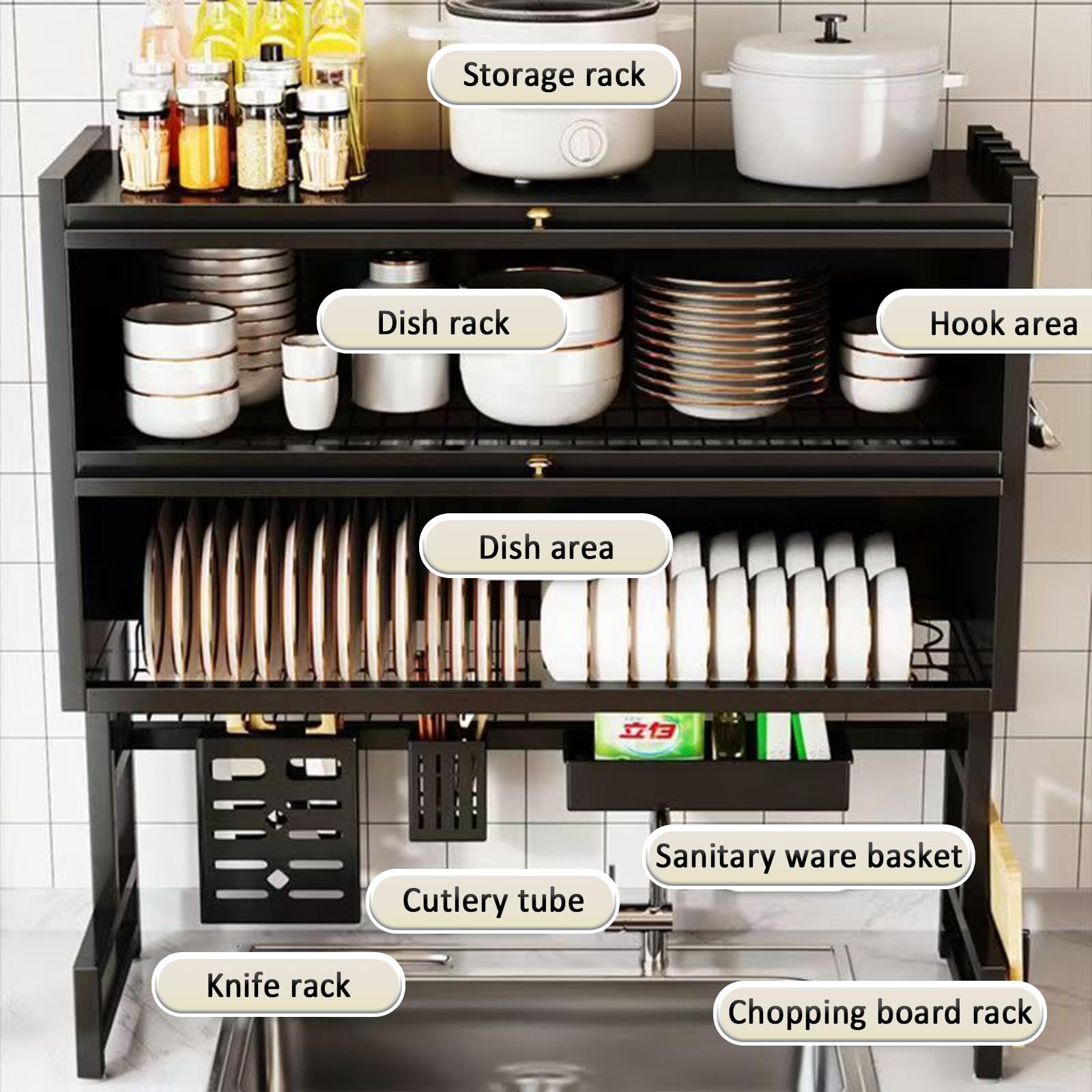 Over The Sink Dish Drainer Drying Rack 4 Tiers with Cover