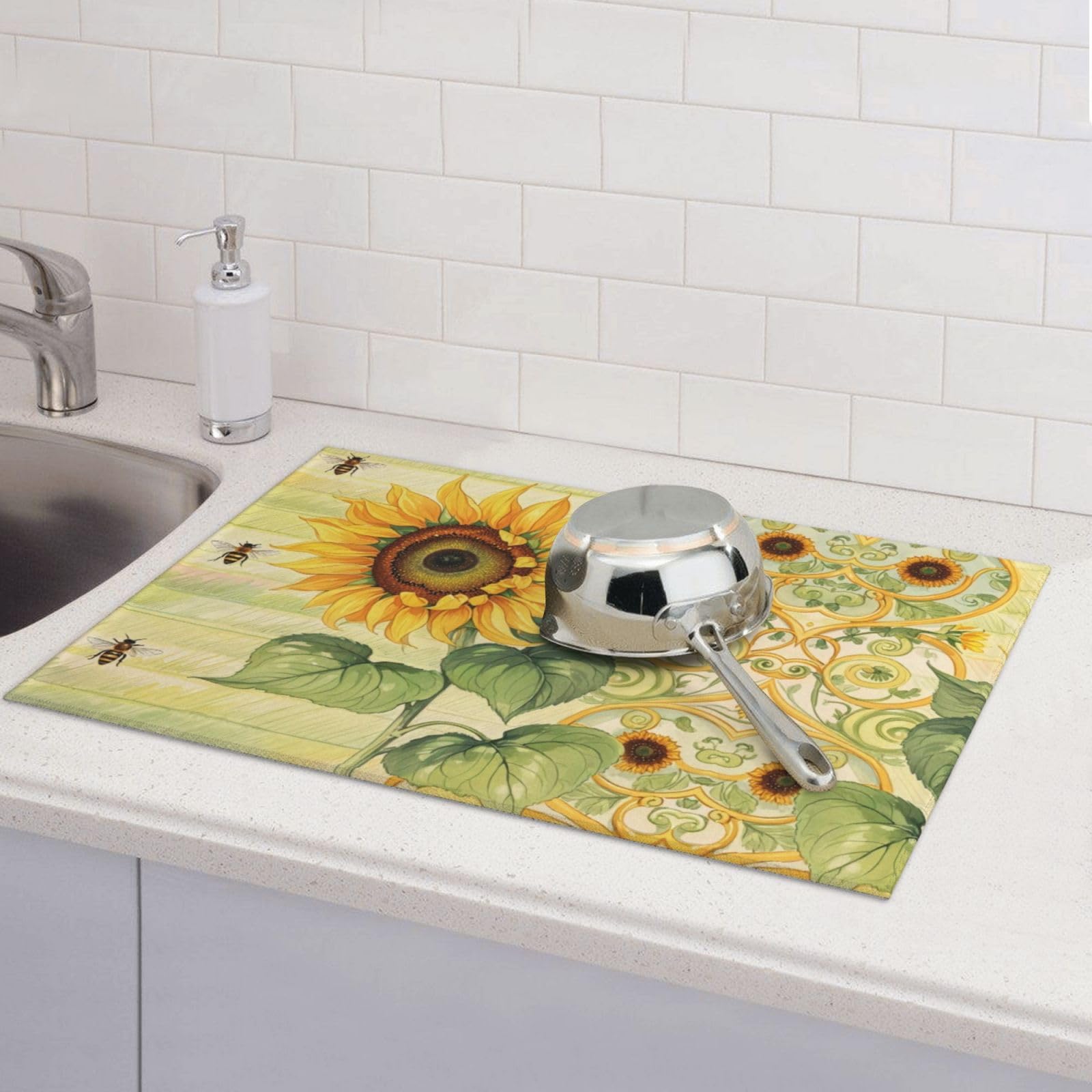 Sunflower Bee Dish Drying Mat Highly Absorbent Double