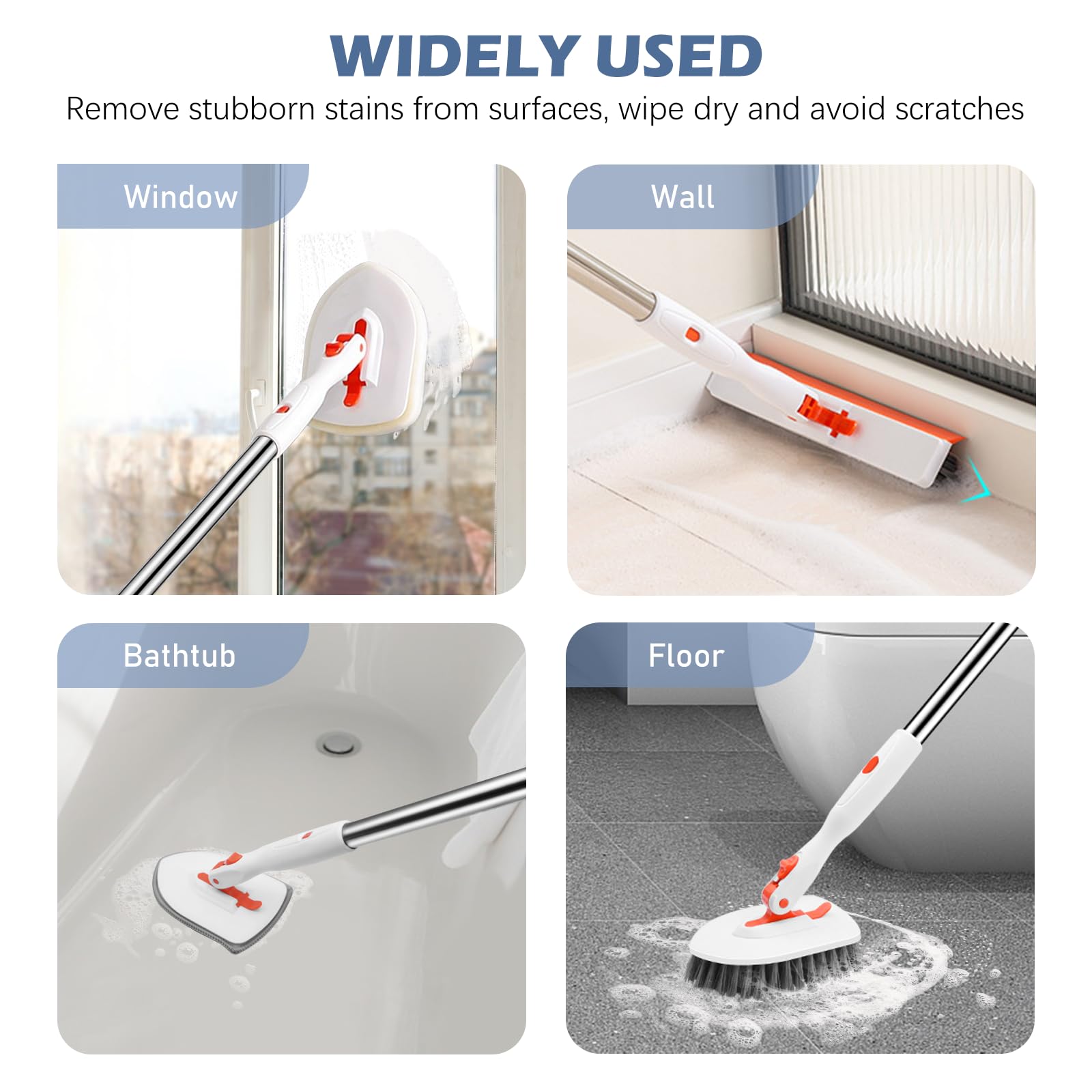 4-in-1 Tile Tub Floor Scrubber with V-Shaped Grout Brush, Orange