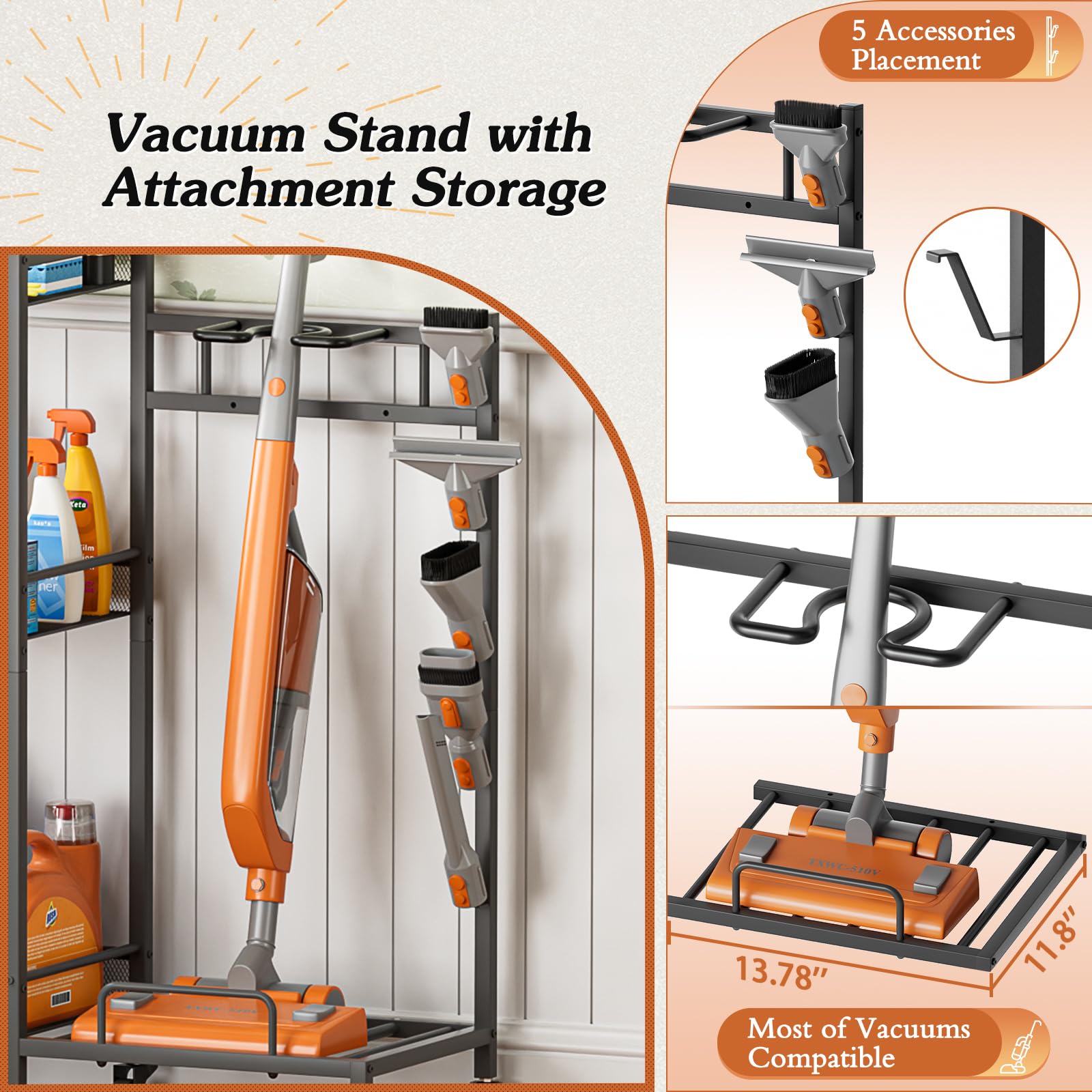 Broom Holder with Cleaning Supplies Organizer