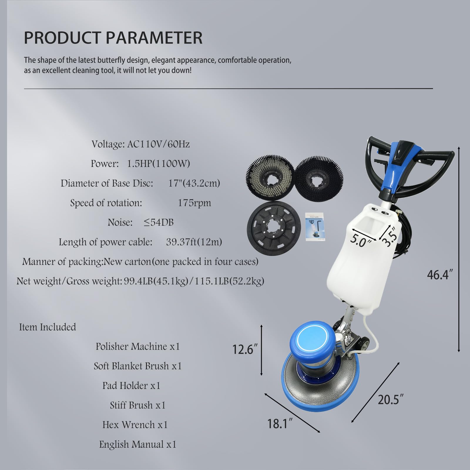 110V Floor Polisher Commercial Floor Scrubber Machine 17" Cleaning Path Carpet Buffer Scrubber with 3.1gal Water Tank 175Rpm 1100W