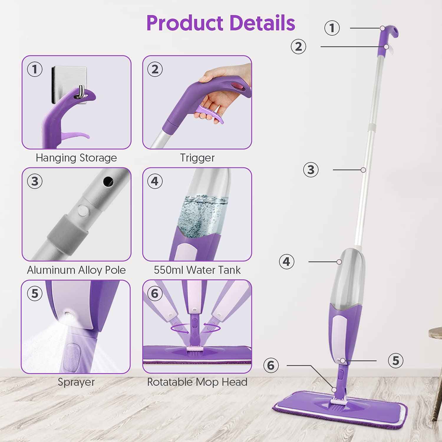 Microfiber Spray Mops for Floor Cleaning Wet Dry Use for Wood Tile Laminate