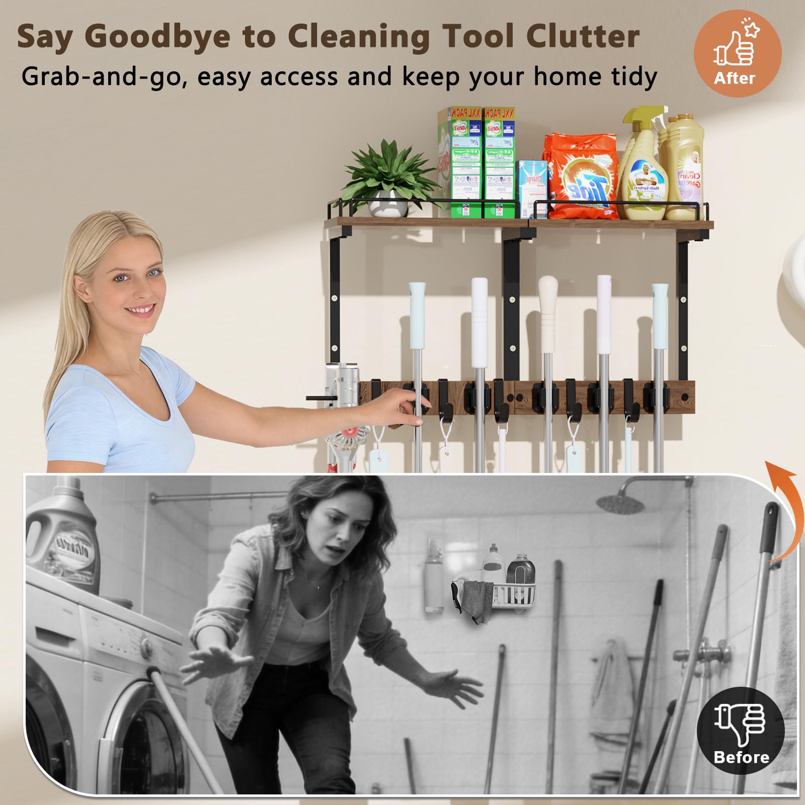 Broom and Mop Organizer Wall Hanging with Cleaning Supplies Organizer