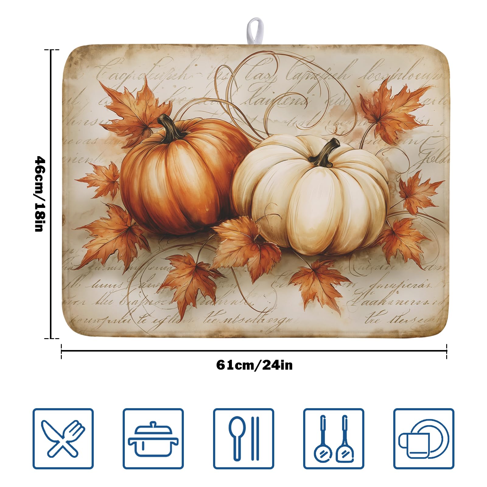 Fall Pumpkin Dish Drying Mat 18”x24”Vintage Autumn Drying Mat for Kitchen Counter Absorbent Maple Leaf Fall Thanksgiving Farmhouse Dishes Pad Drainer Mat Countertop Protector for Kitchen Fast Dry
