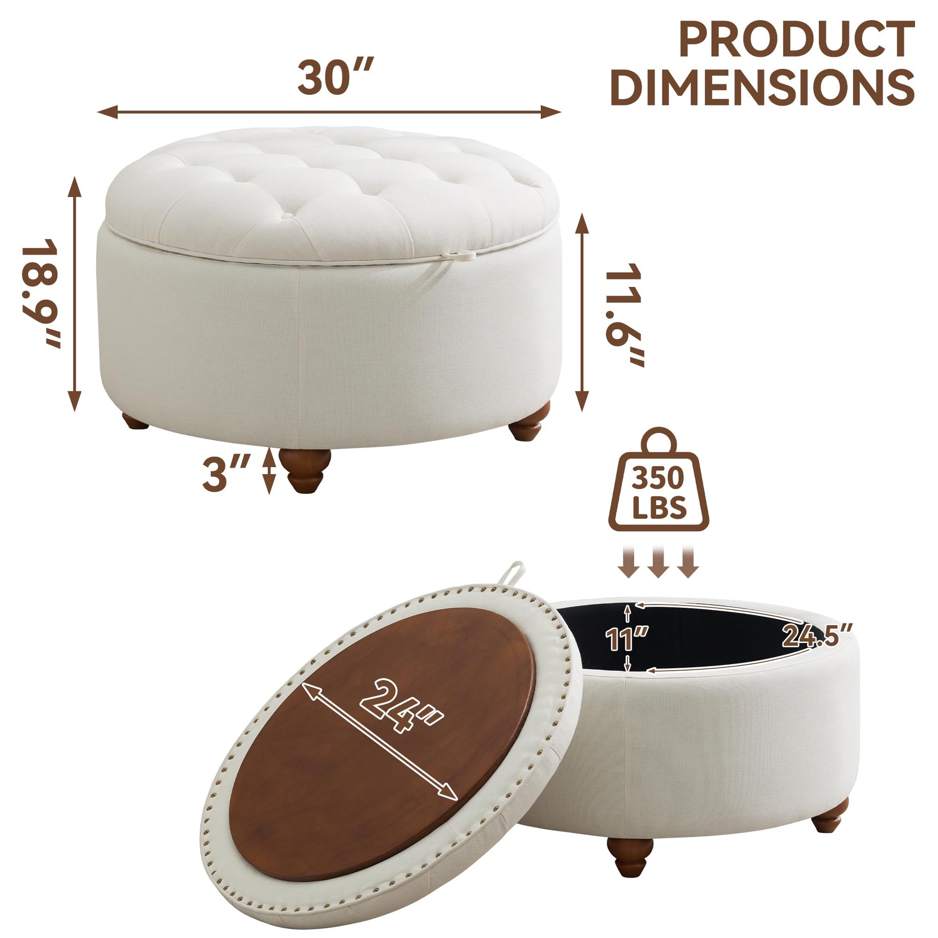 30Inch Round Storage Ottoman with Tray