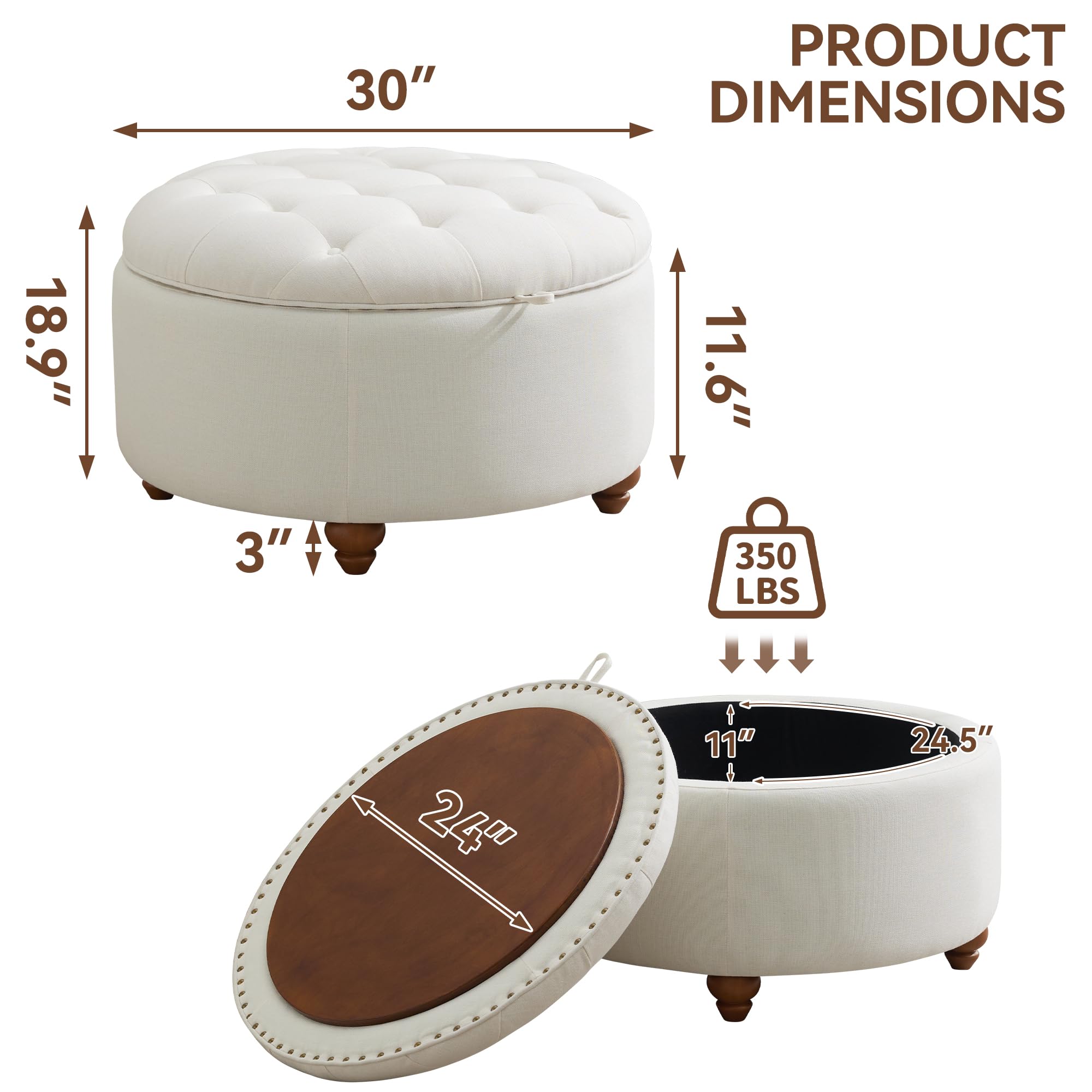 30Inch Round Storage Ottoman with Tray