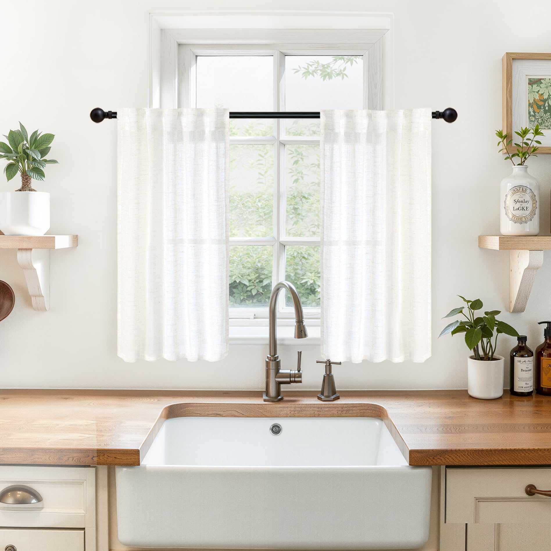 Small Linen Semi Sheer Curtains 36 Inch Length Window Over Sink (2 Count)