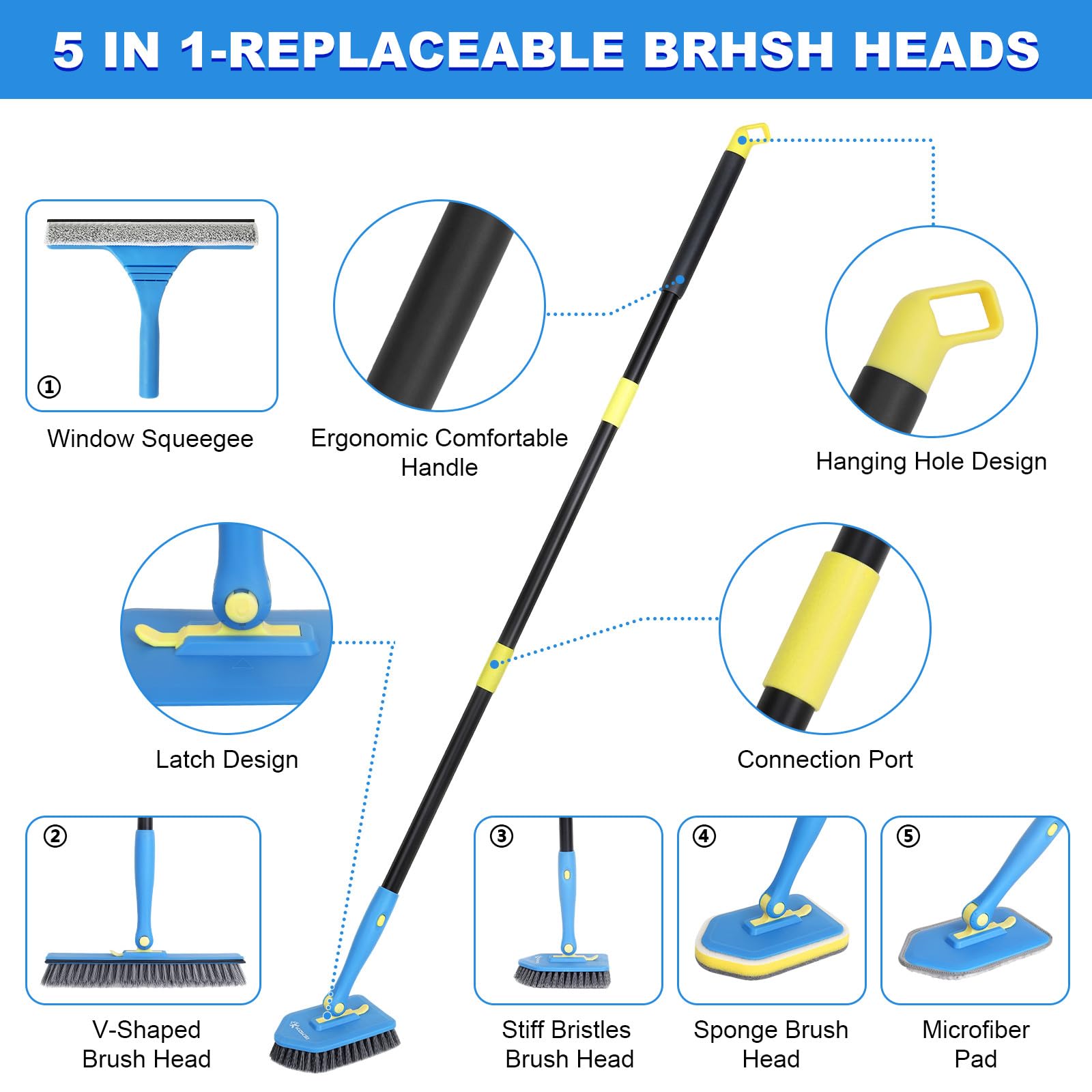 Tile Tub Scrubber Brush with 5 Different Function Cleaning Heads and 51" Extendable Long Handle Non Scratch Shower Scrubber for Cleaning Bathroom Kitchen Toilet Wall Bathtub (9 Count)
