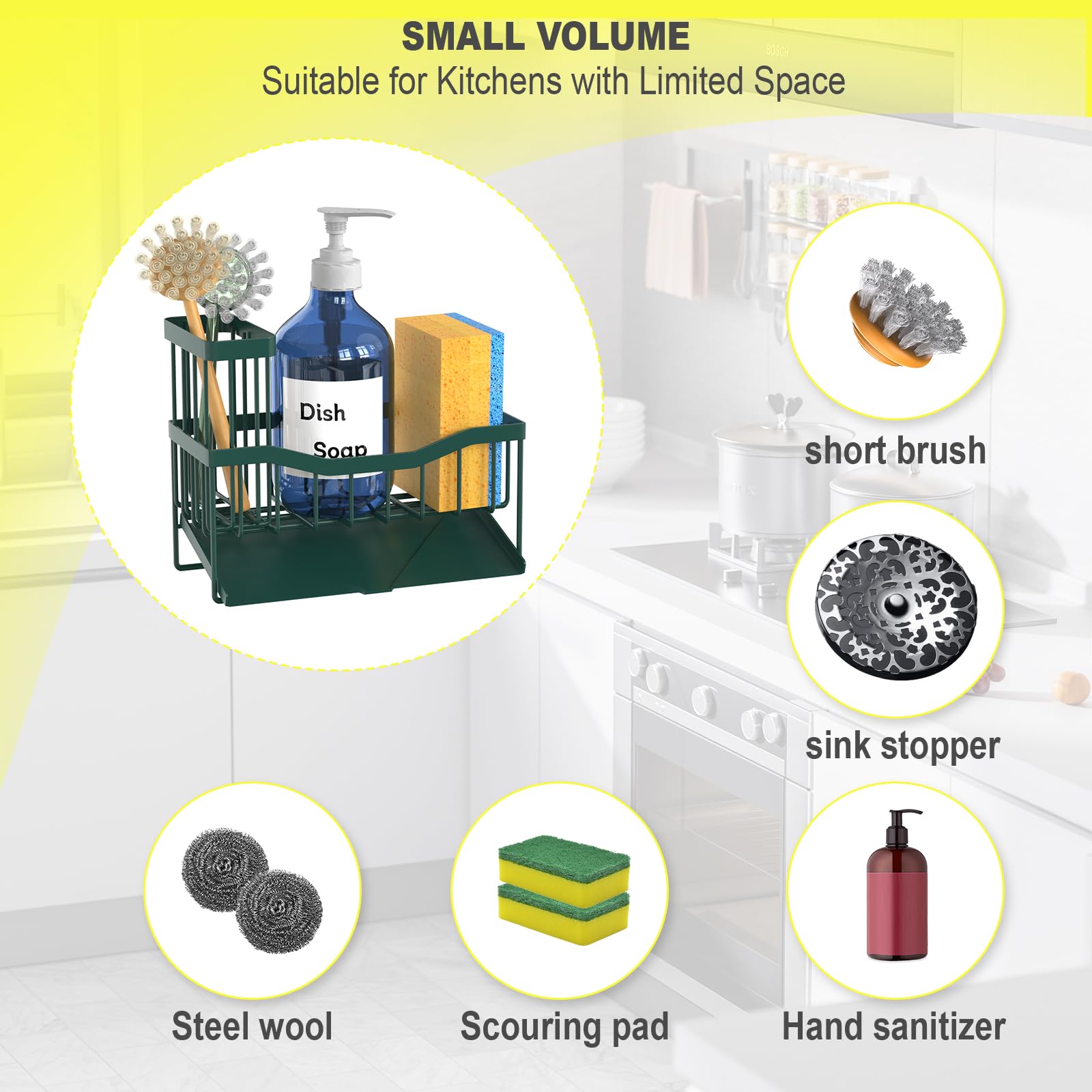 Maifan Sink Caddy Sponge Holder for Kitchen with Brush Holder and Stainless Steel Self Drain Tray