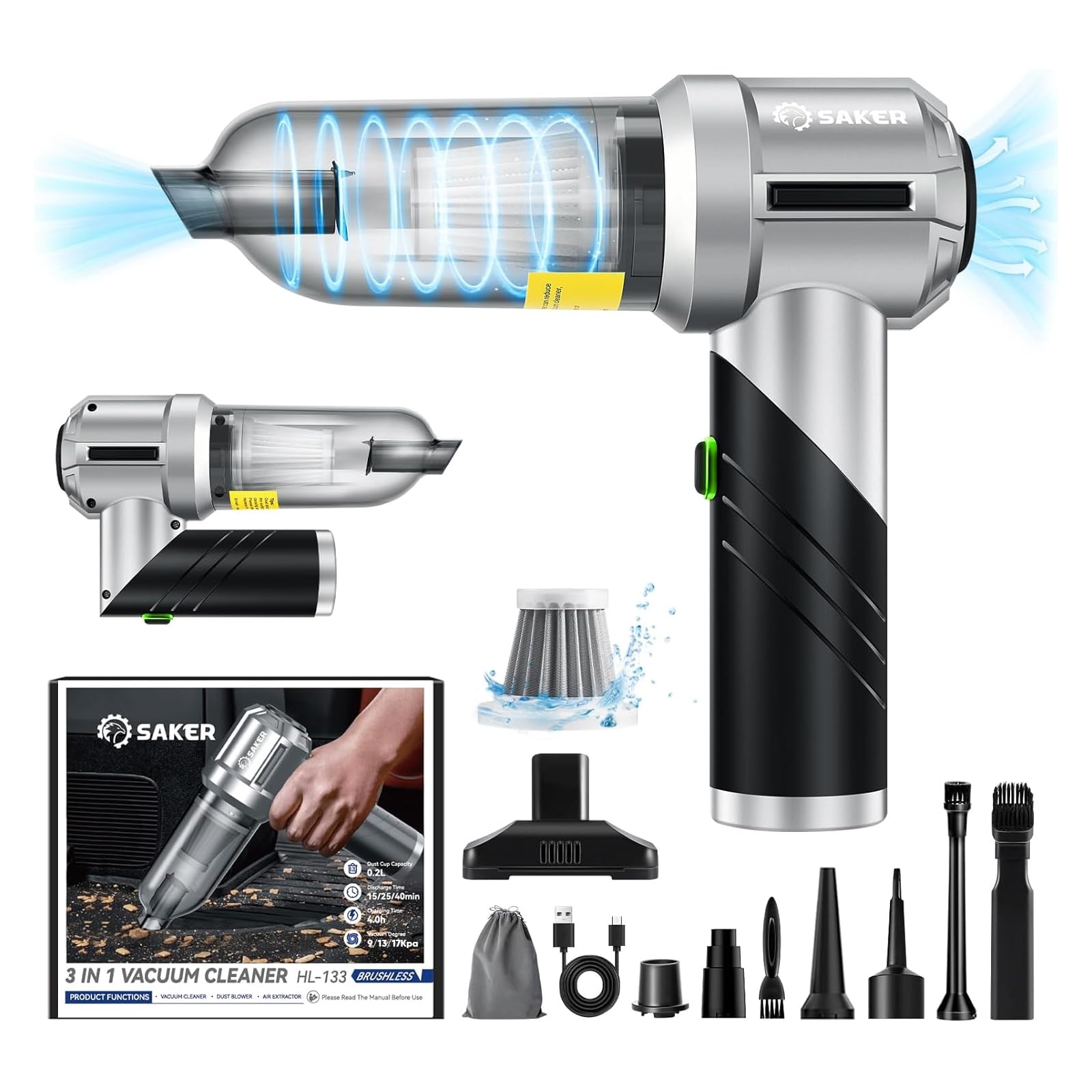 Handheld Car Vacuum Cordless Portable 17000PA Foldable HL133 Black