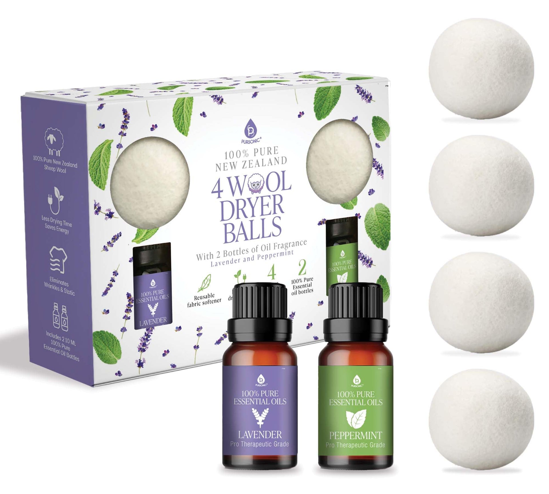 4 Pack Laundry Wool Dryer Balls with Lavender & Peppermint Essential Oil Scent (4 Count)