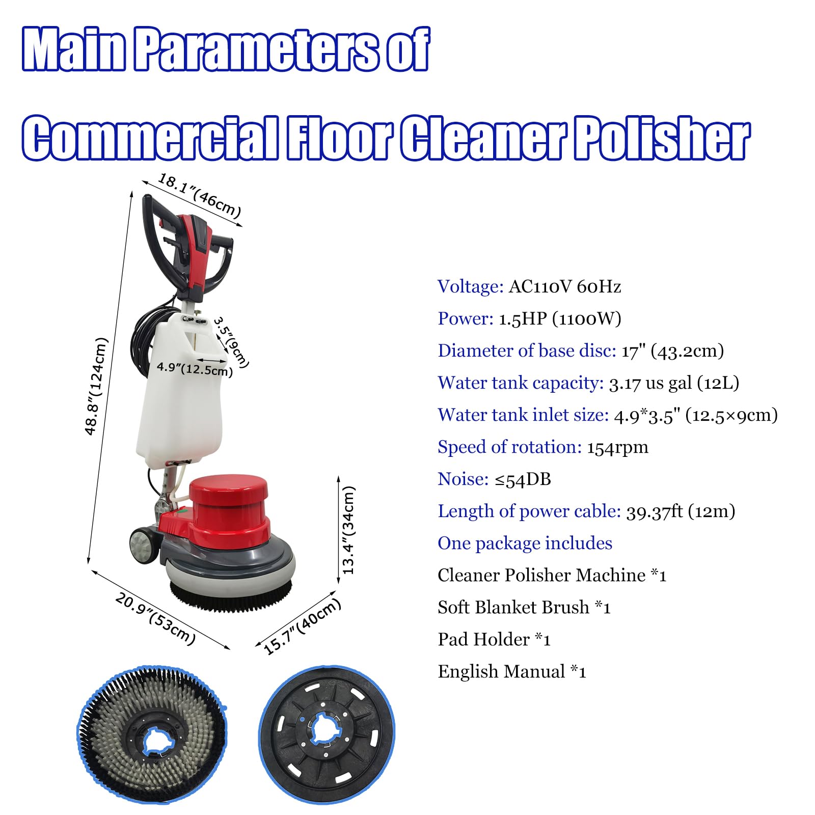 17" Floor Cleaner Polisher Commercial Floor Scrubber Buffer Commercial Floor Polishing Cleaning Machine Industrial Ground Scrubber Buffer with Two Brush Discs