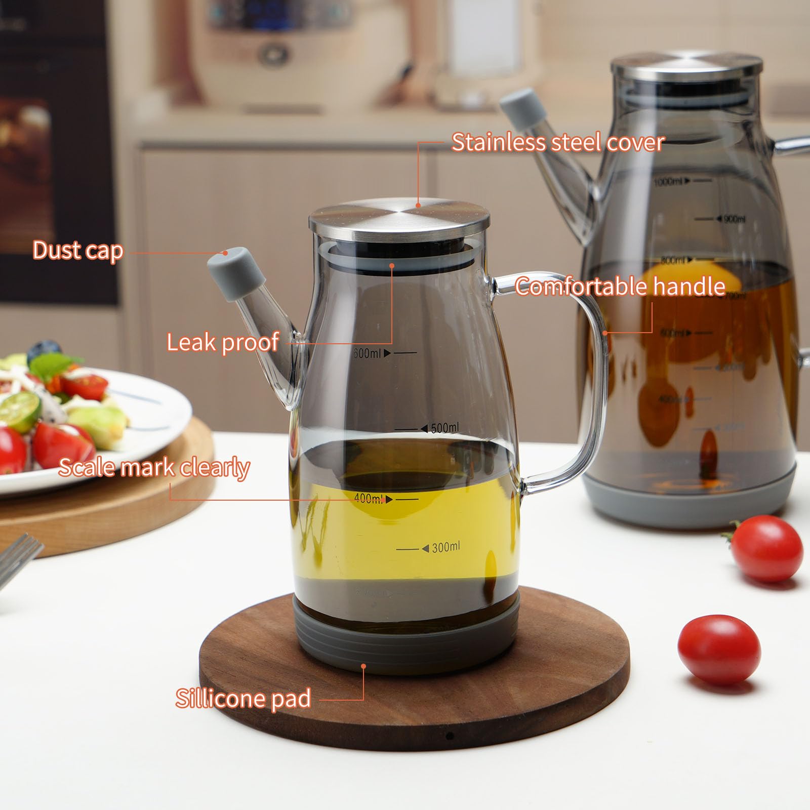 Large Glass Oil Dispenser Bottle for Kitchen Cooking Recipiente Para Aceite De Cocina Olive Oil Vinegar Dispenser Cruet Stainless Steel Lid No Drip Liquid Container