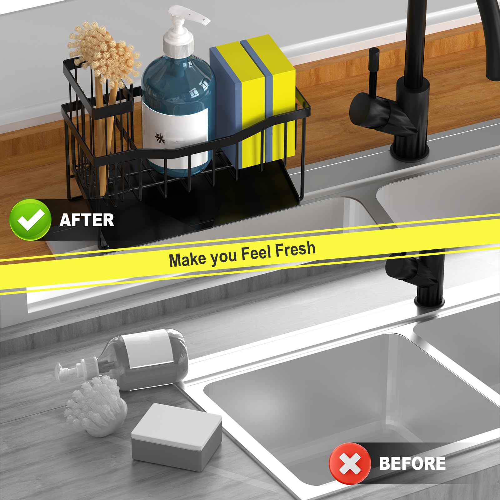 Maifan Sink Caddy Sponge Holder for Kitchen with Brush Holder and Stainless Steel Self Drain Tray
