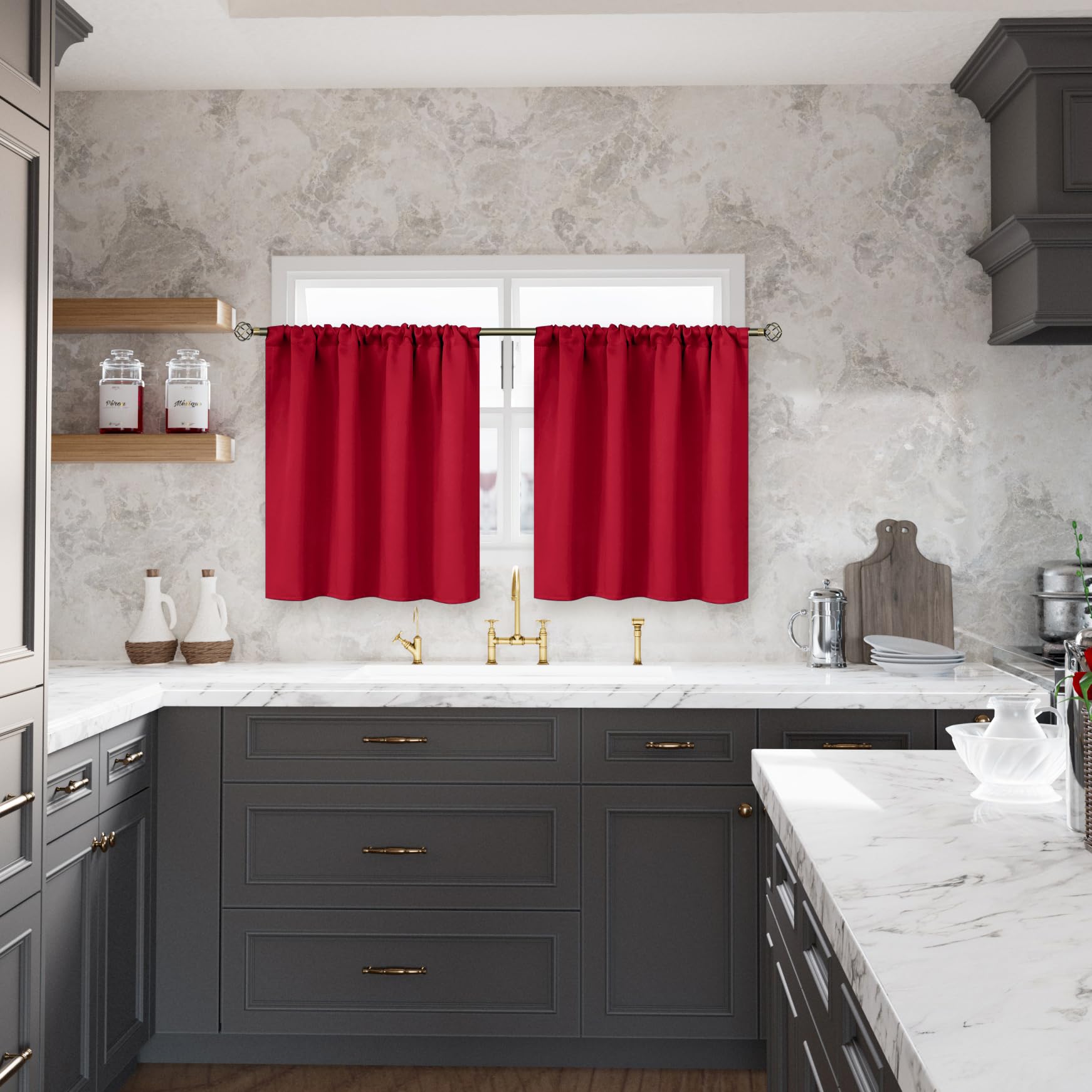 Red Short Blackout Curtains 36 Inches Length for Kitchen Window (2 Count)
