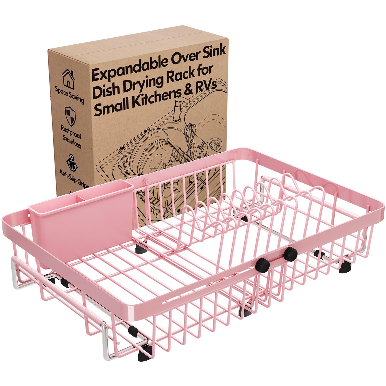 Pink Dish Drying Rack Over The Sink with Utensil Holder