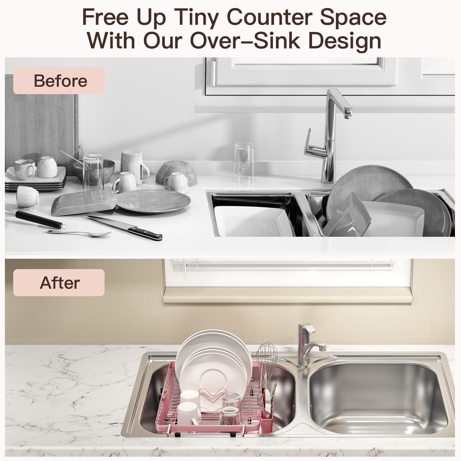 Pink Dish Drying Rack Over The Sink with Utensil Holder
