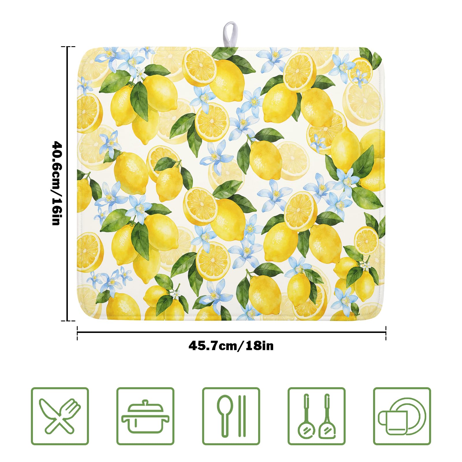 Lemon Dish Drying Mat 16x18 Inch Absorbent Reversible Summer Drying Mat Floral Lemon Fruits Dish Drying Rack Mat Yellow Summer Themed Dish Drainer Mat for Kitchen Counter Coffee Bar