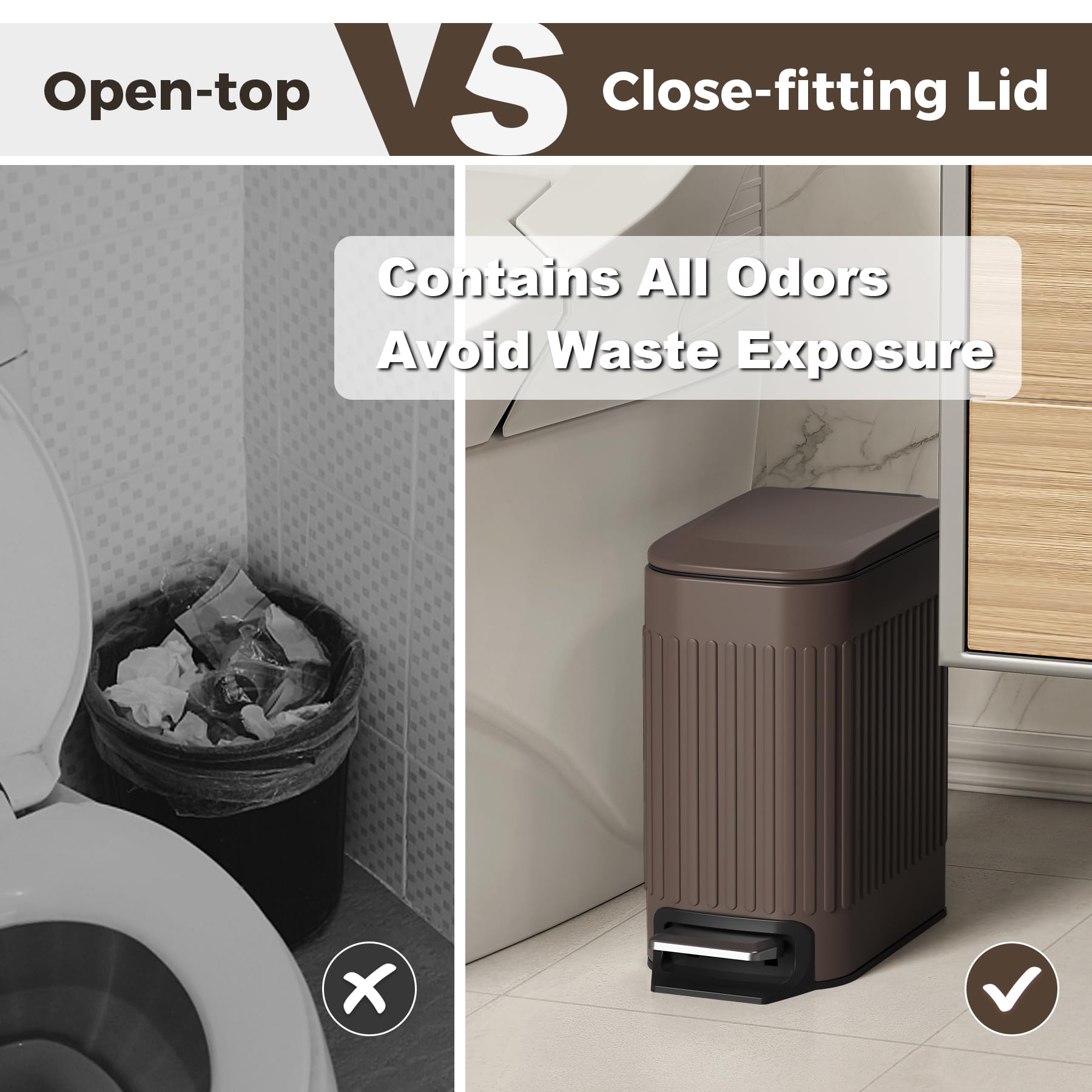 Slim Bathroom Trash Can with Lid Soft Close & Pedal