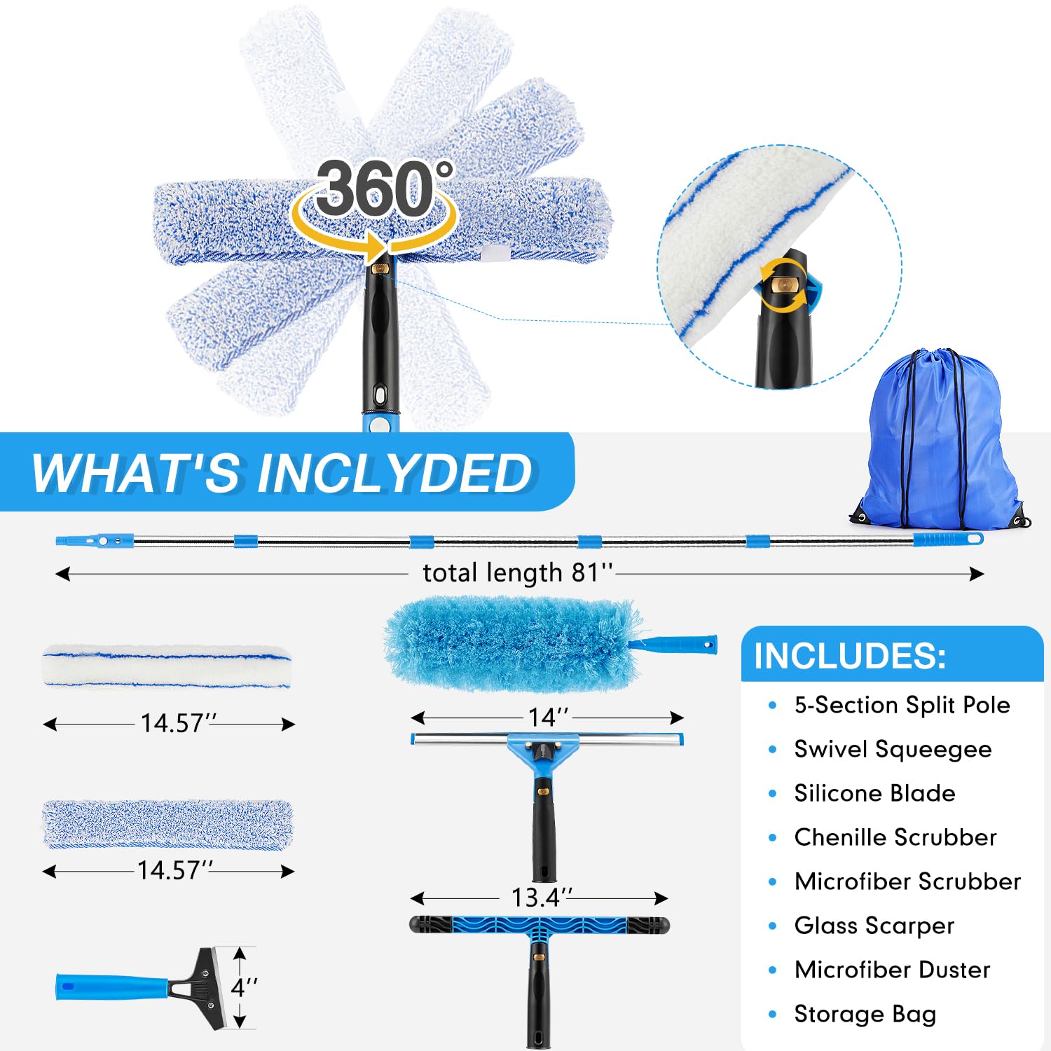 360° Rotating Window Squeegee Cleaner Kit with Extension Pole - ModHome Supplies
