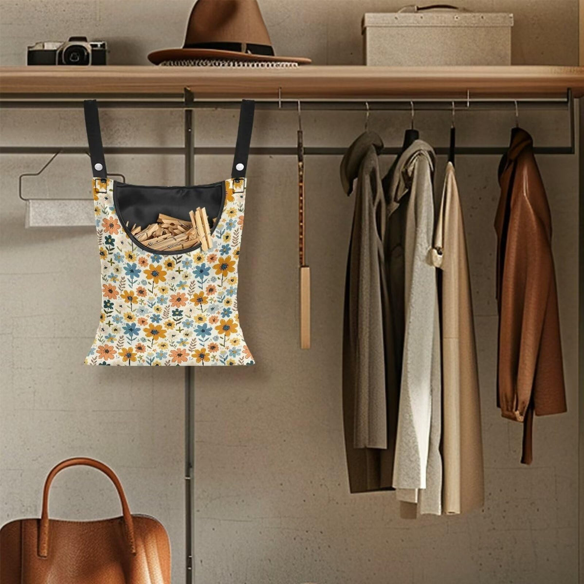 Floral Print Clothespin Bag Laundry Hanging Storage Organizer with Rope Holder and Extra Large Opening for Clothesline Outdoor Storage with Hanger Hook