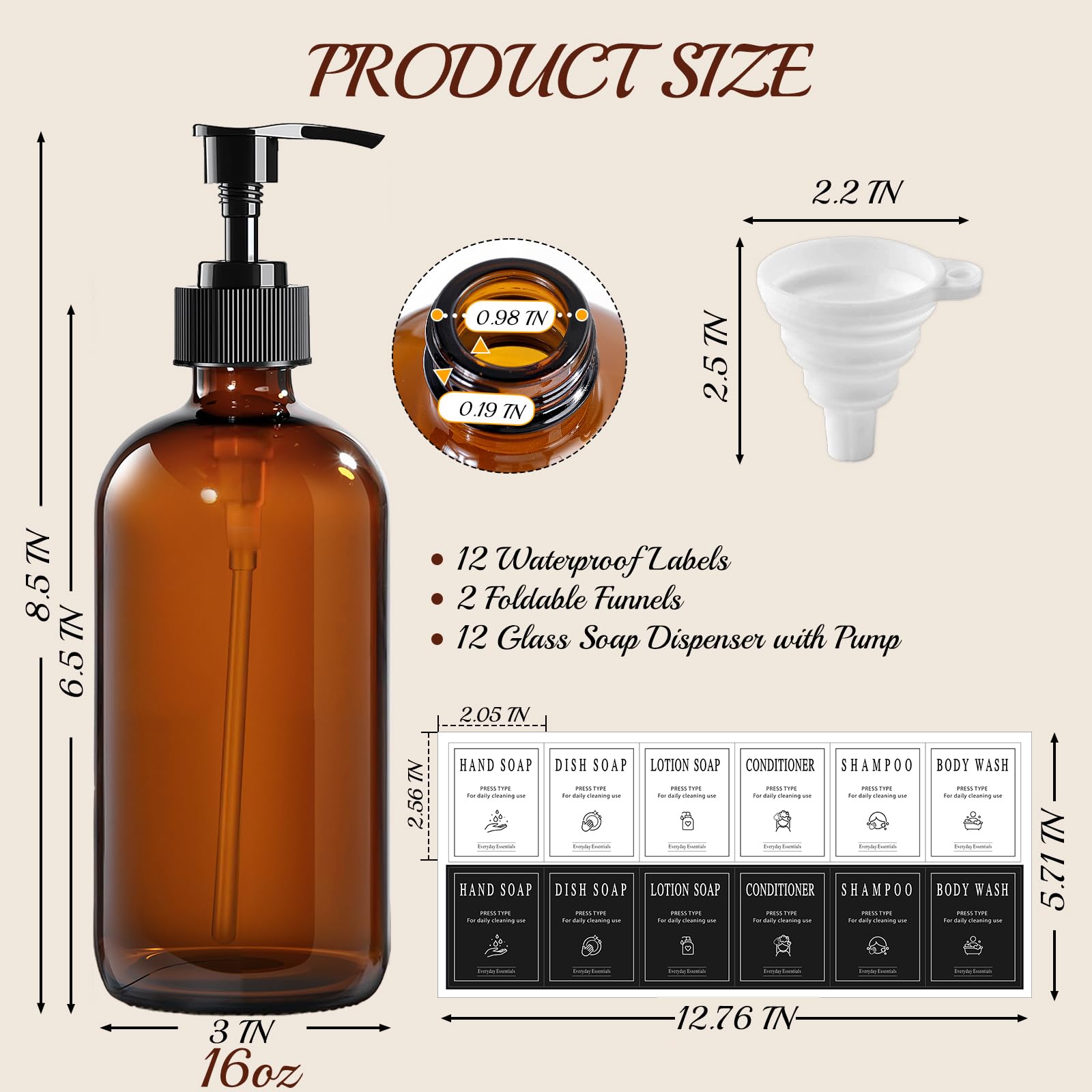 12 Pack 16oz Amber Glass Bottles with Pump Dispensers (12 Count)
