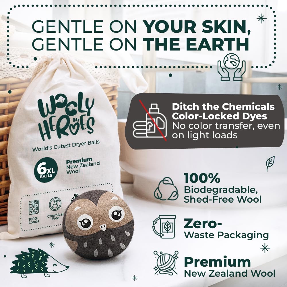 Chemical Free & Baby Safe! Reusable Wool Dryer Balls XL 6 (6 Count)