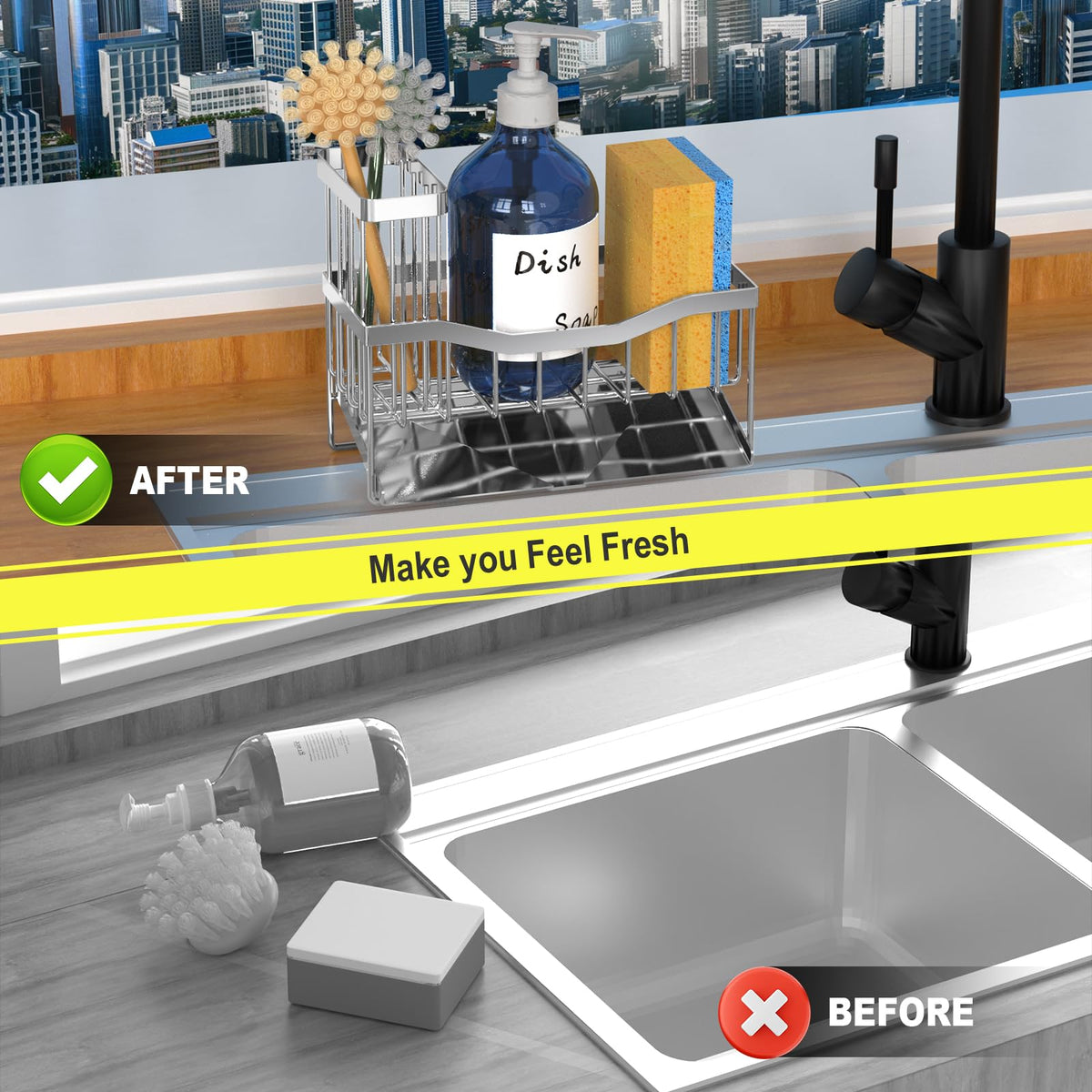 Maifan Sink Caddy Sponge Holder for Kitchen with Brush Holder and Stainless Steel Self Drain Tray