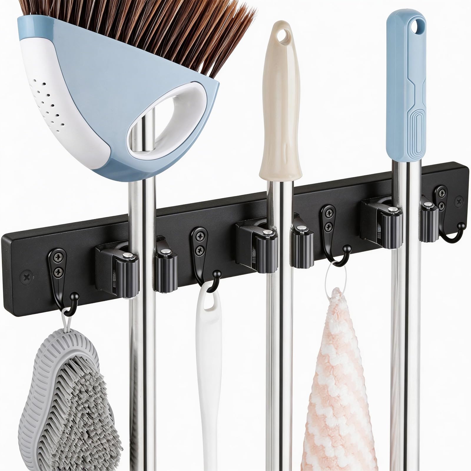 Black Mop Broom Holder Wall Mount with 3 Slots & 4 Hooks