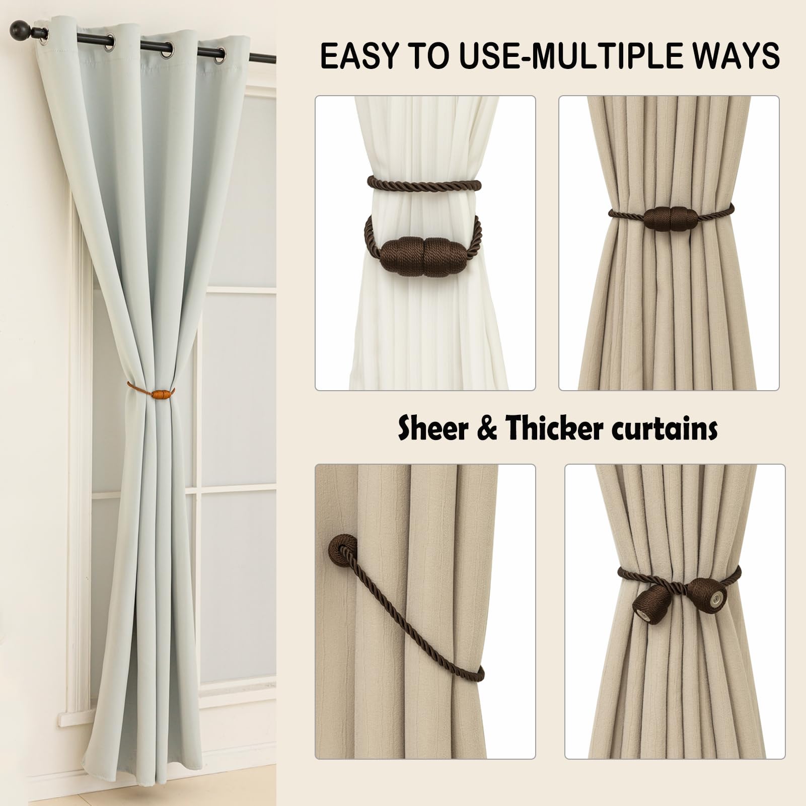 Magnetic Curtain Tiebacks Rope Curtain Tie Backs for Curtains 8 Pack Curtain Holders for Drapes Decorative Window Curtain Holdbacks (8 Count)