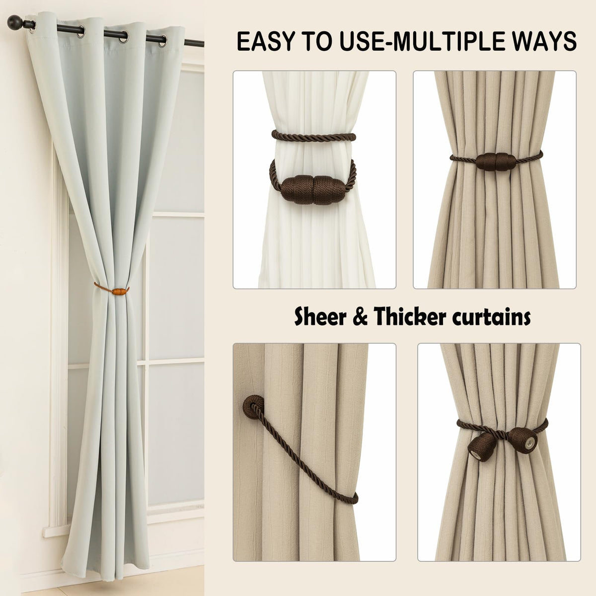 Magnetic Curtain Tiebacks Rope Tie Backs 4 Pack Decorative Window Holdbacks