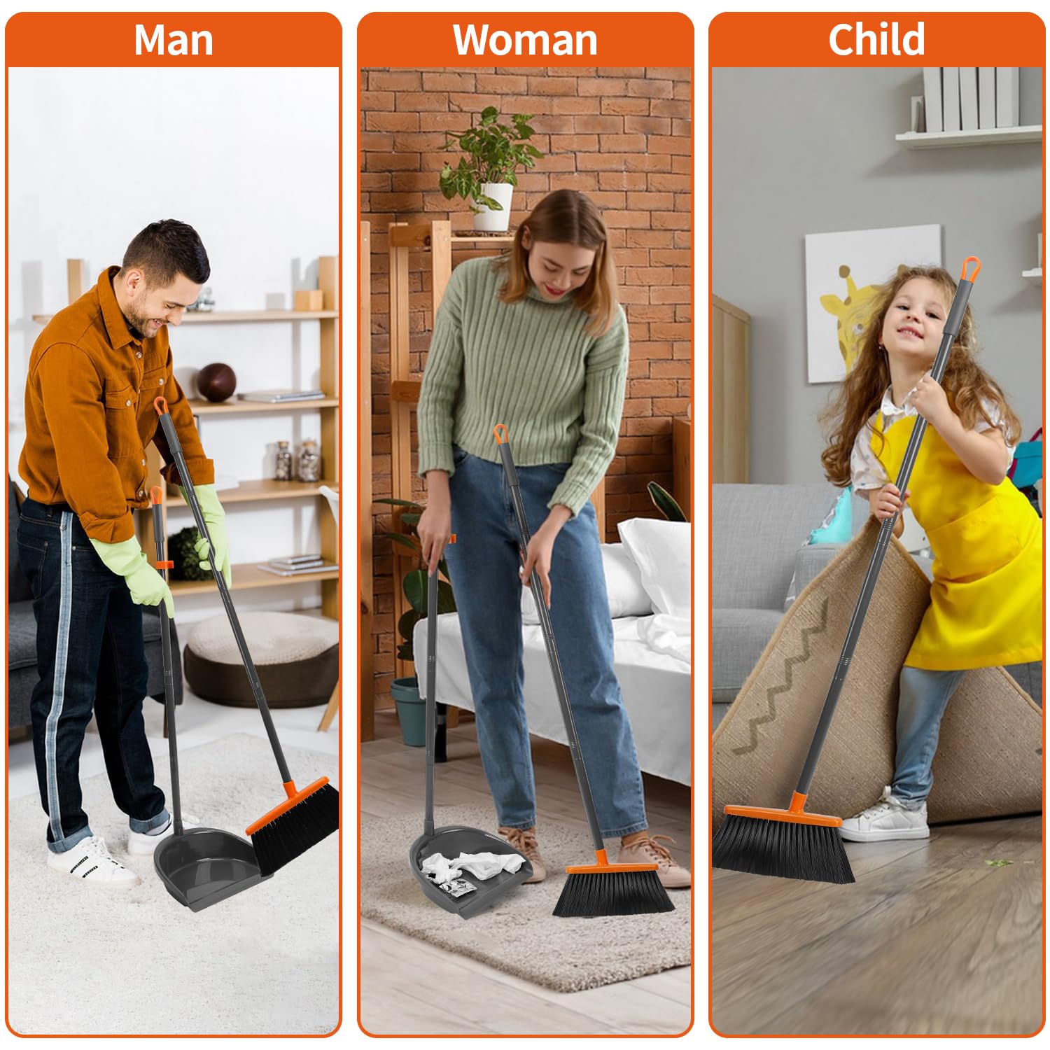 Long Handle Broom with Dustpan Combo Set for Office Home Kitchen Lobby Floor Cleaning Broom Dustpan for Indoor&Outdoor Sweeping