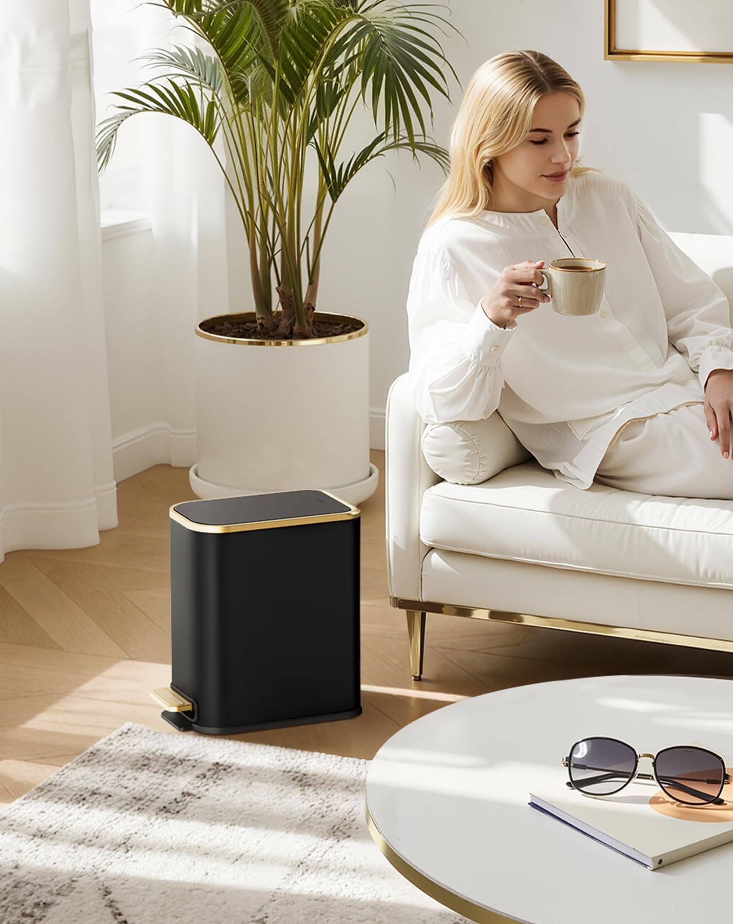 Small Bathroom Trash Can with Gold Grimmed Lid & Pedal