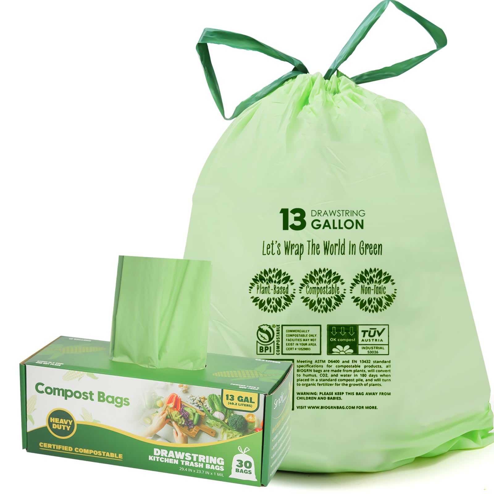 10 13 Gallon Compostable Trash Bags with Drawstring (30 Count)